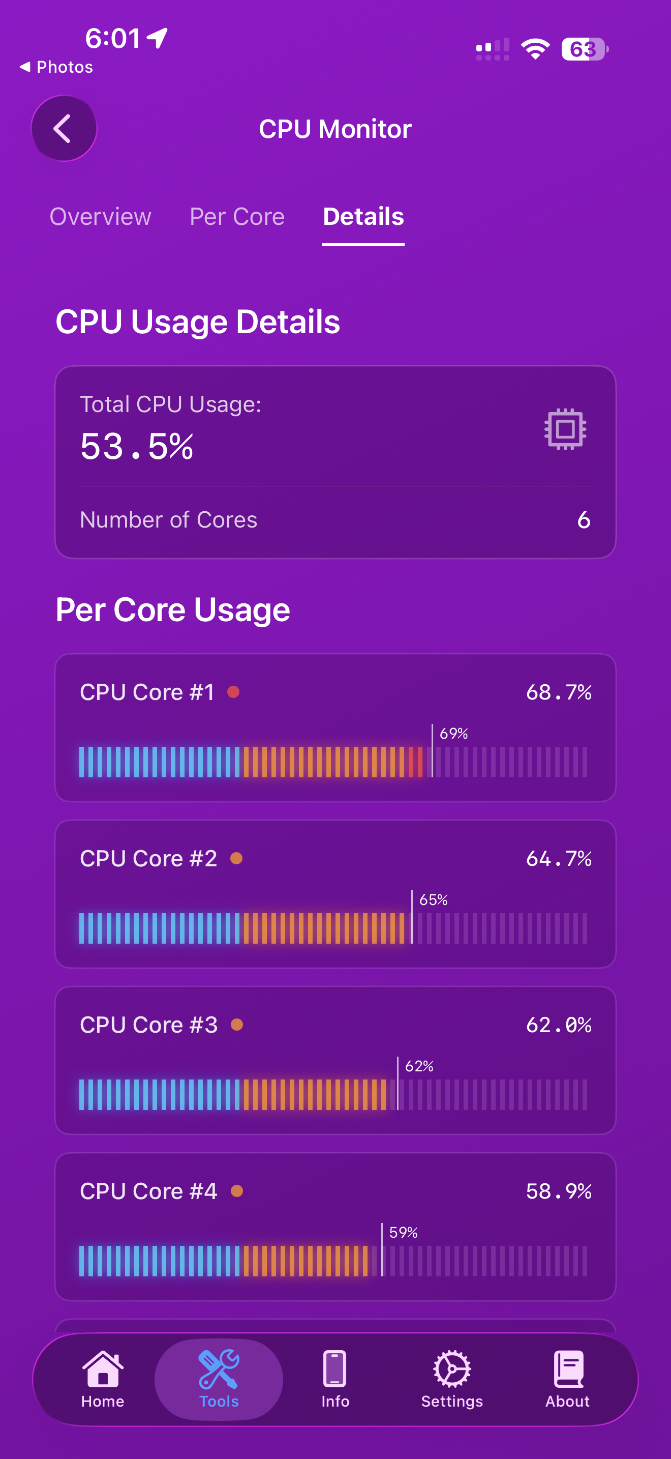 CPU Monitor detaljer-fane, der viser samlet brug og segmenterede målere pr. kerne