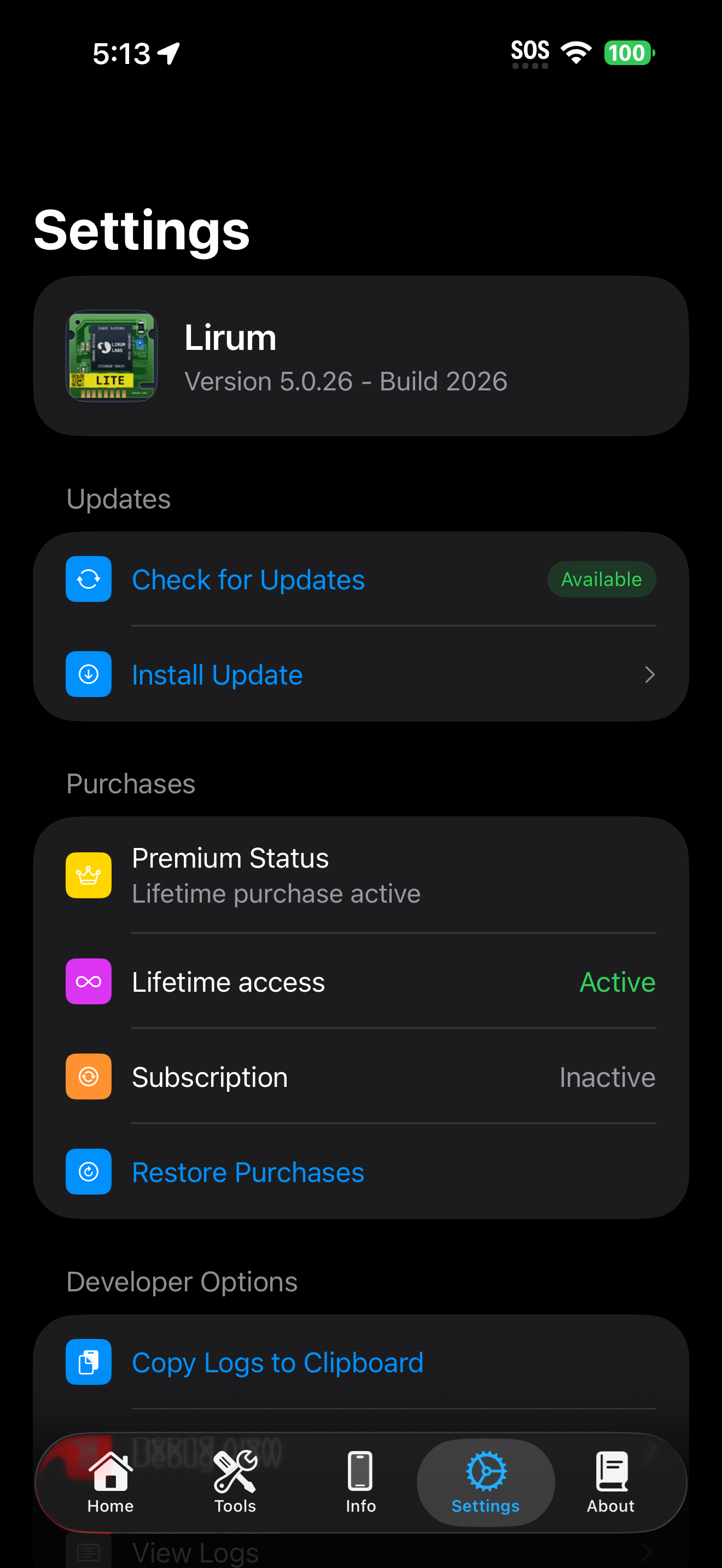 Einstellungsbildschirm mit Abschnitten für Updates und Käufe