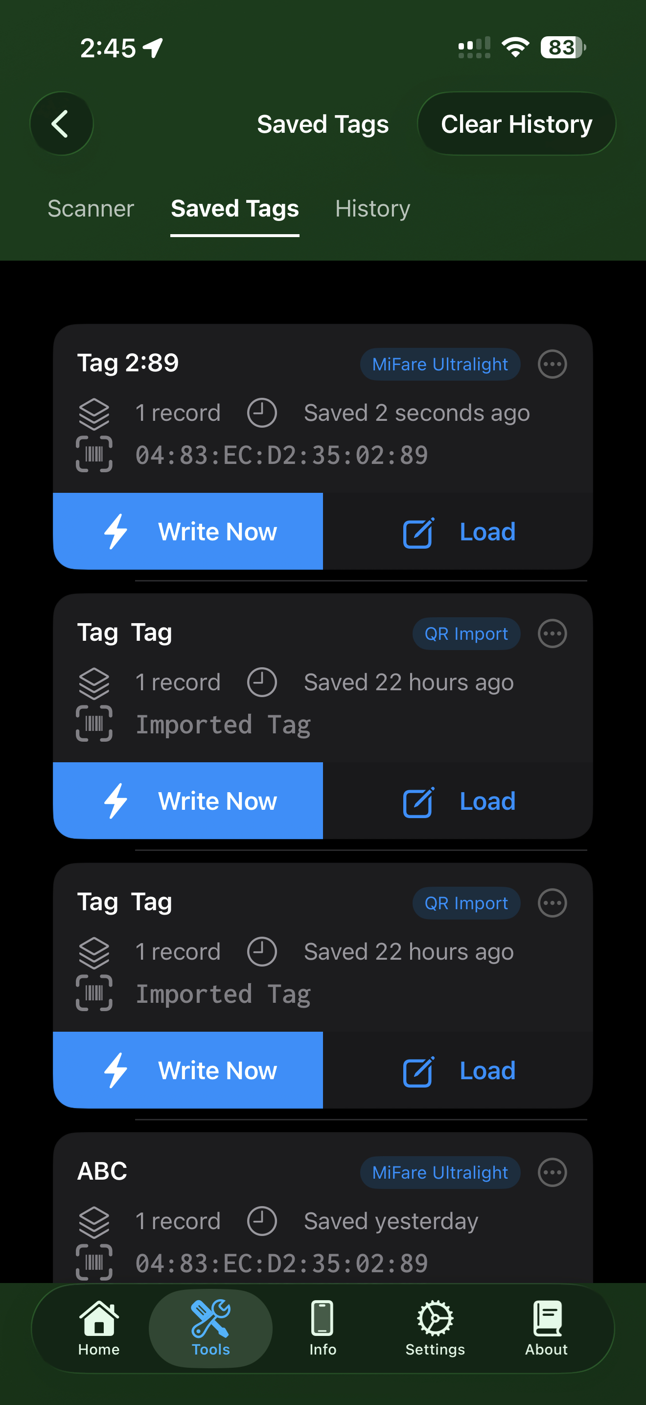 NFC Read Verlauf-Tab mit letzten Scans und einem Verlauf löschen-Button