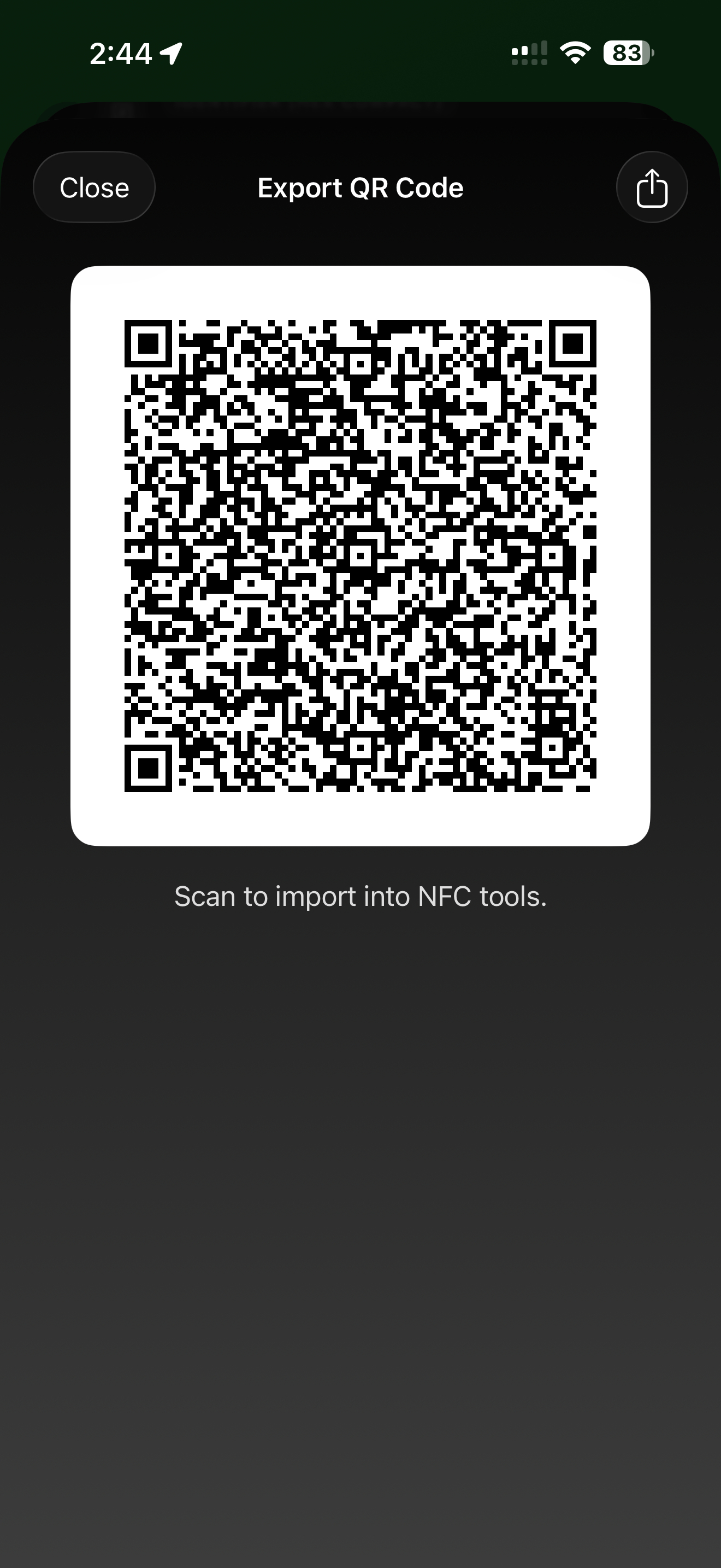 QR-Code-Export-Bildschirm mit einem QR-Code, der zum Import in NFC-Tools gescannt werden kann