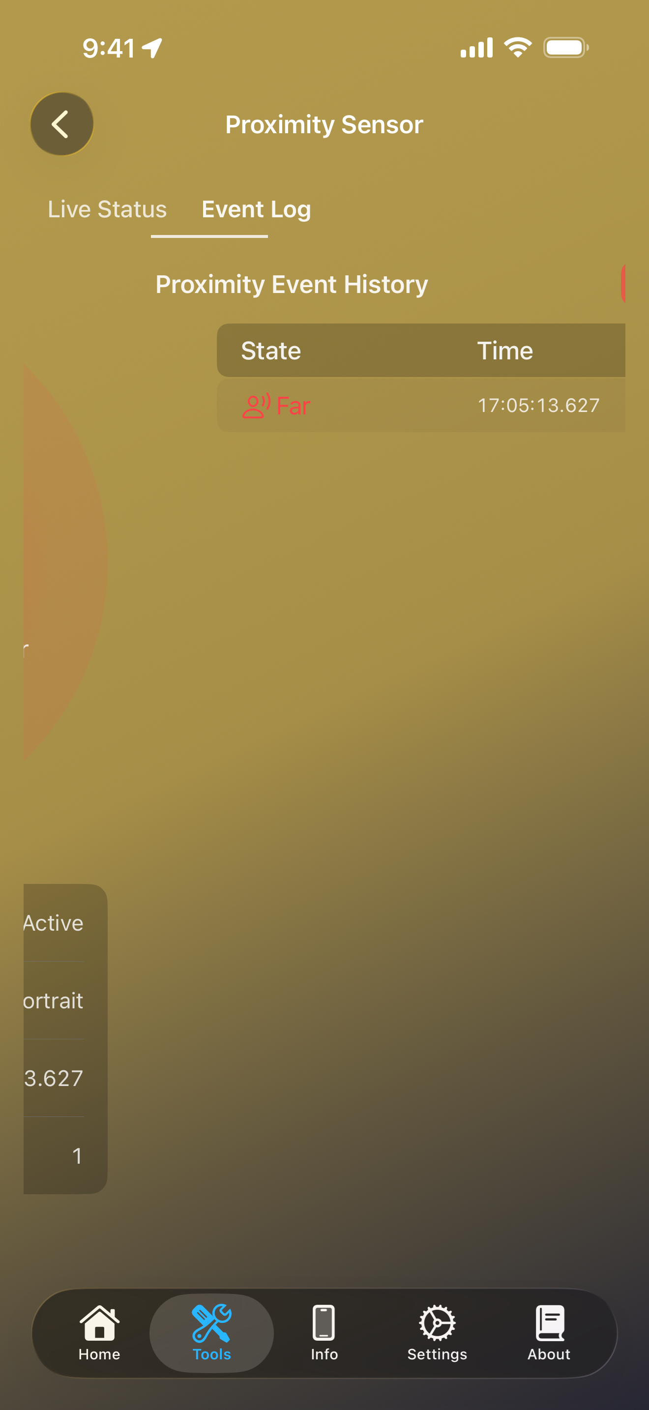 Tools / proximity sensor: proximity sensor event log