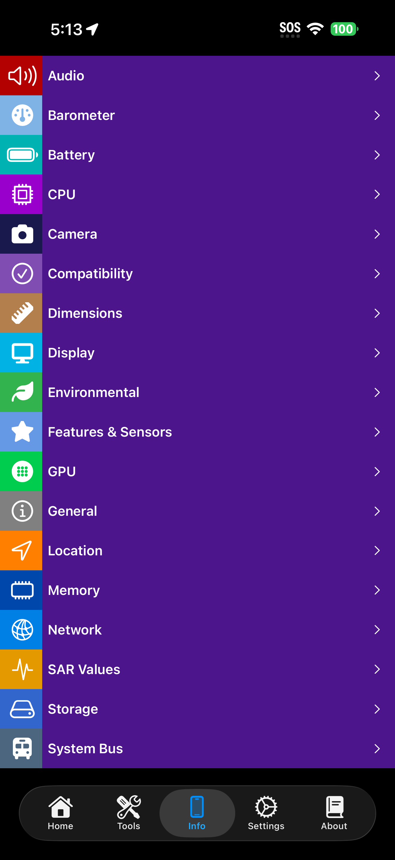 Lista de categorías de Información del dispositivo