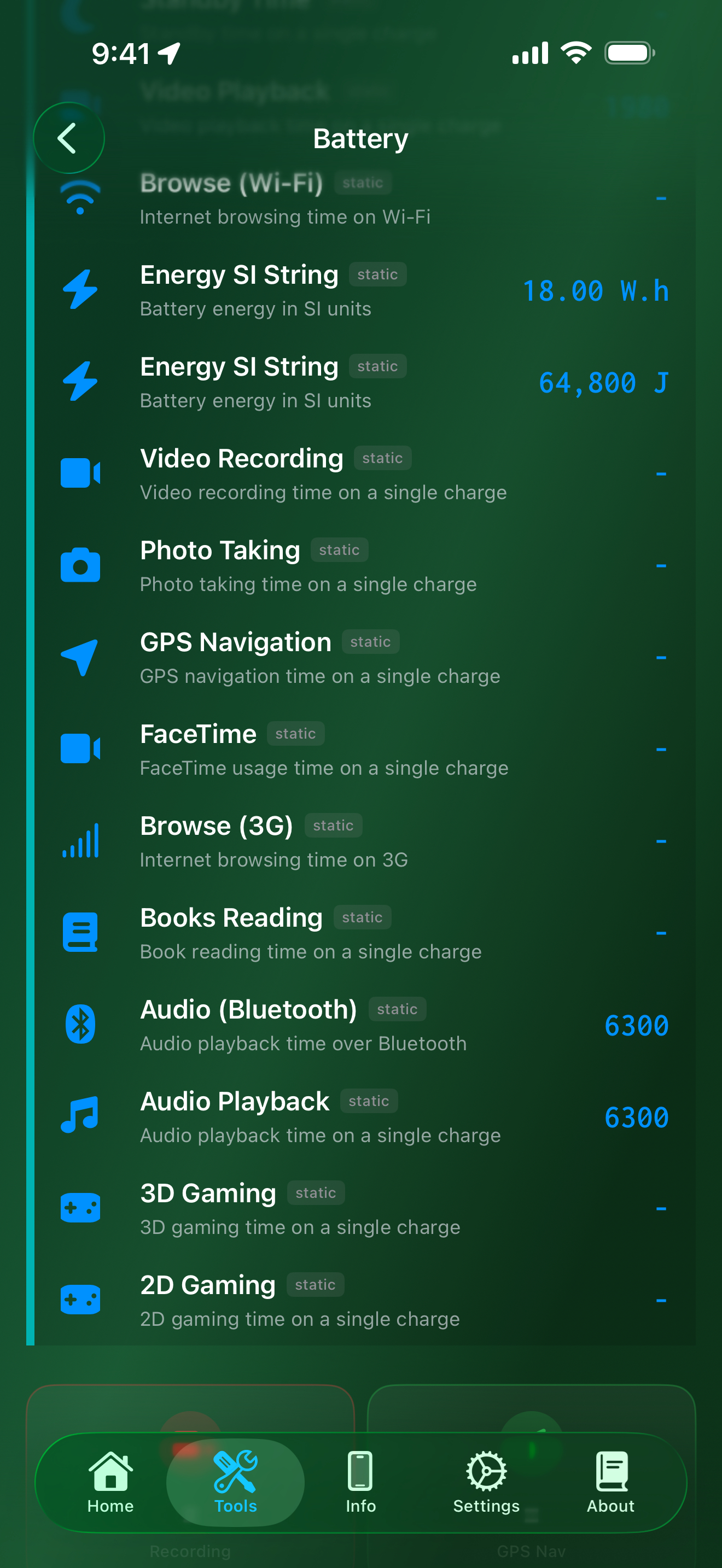 Tools / battery: battery details