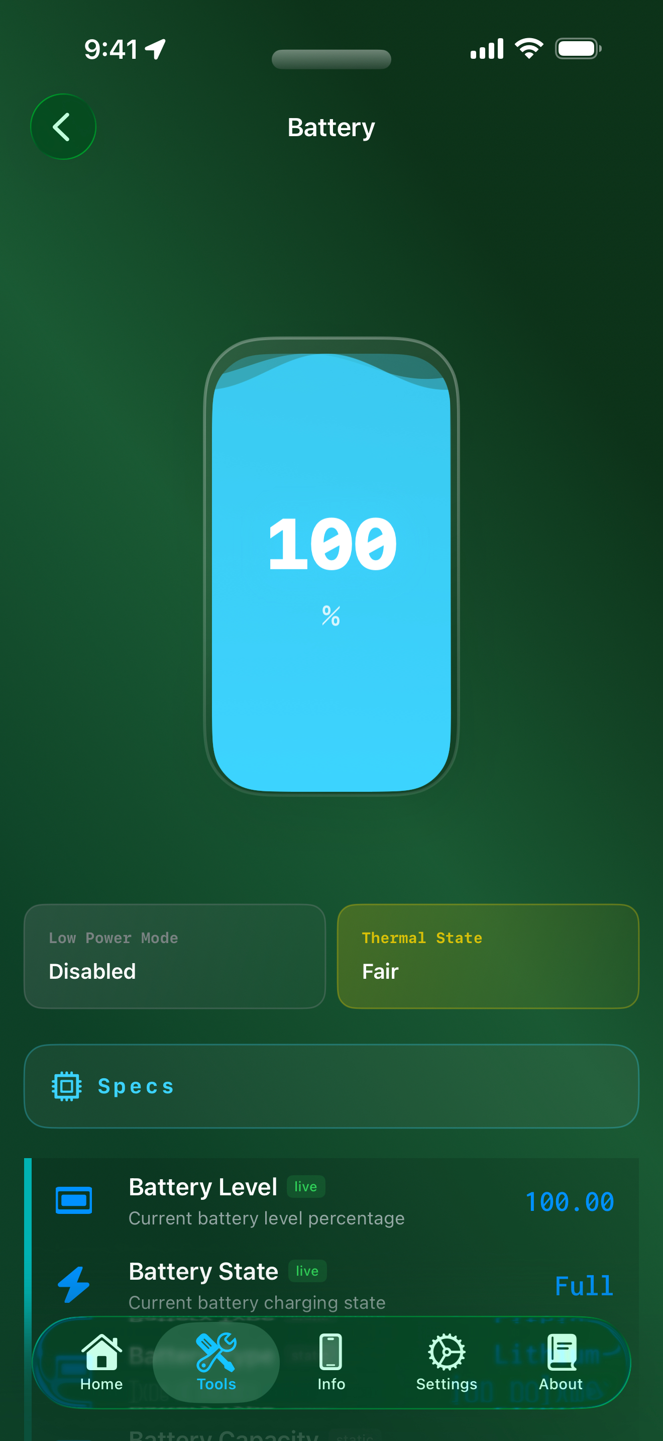 Tools / battery: battery screen