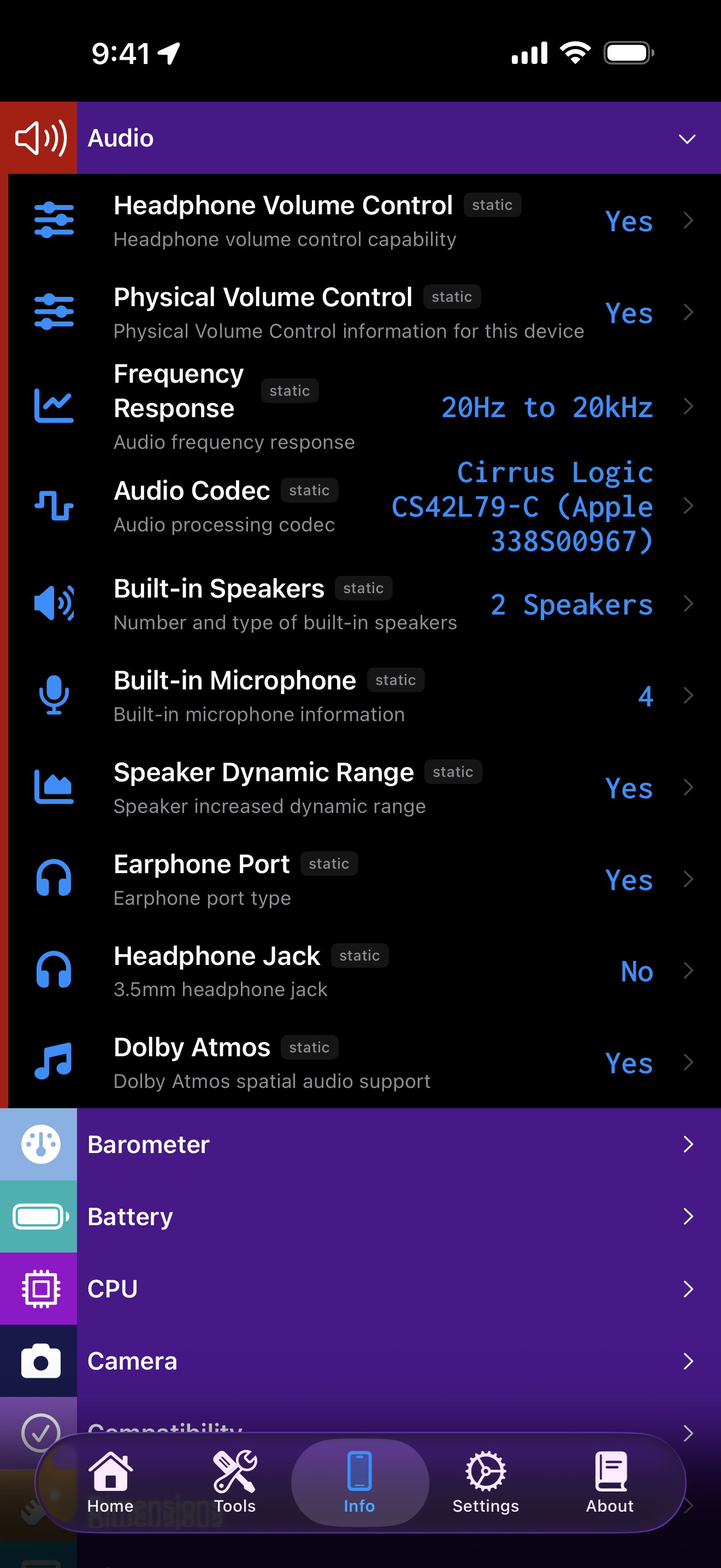 Device Information / audio: device info audio details