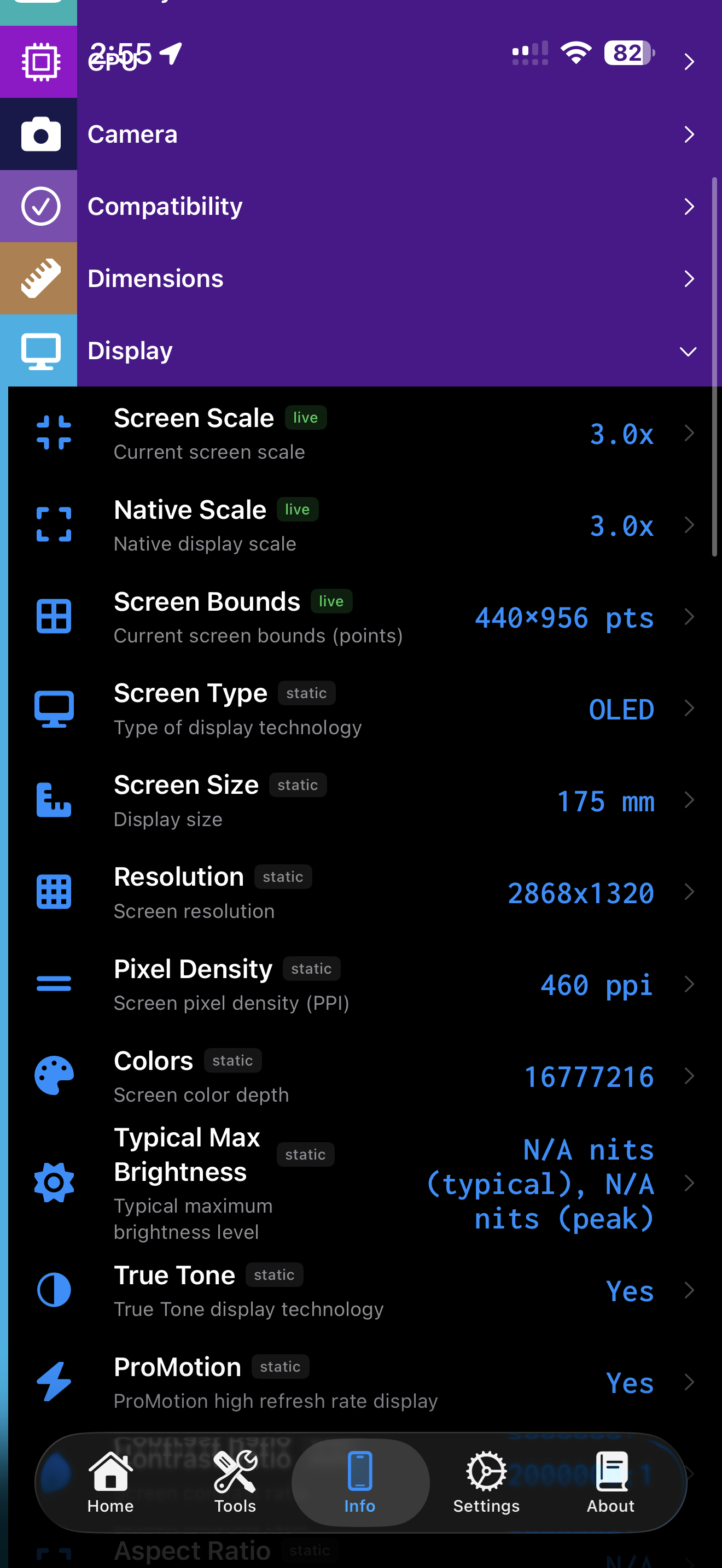 Device Information / display: device info display details