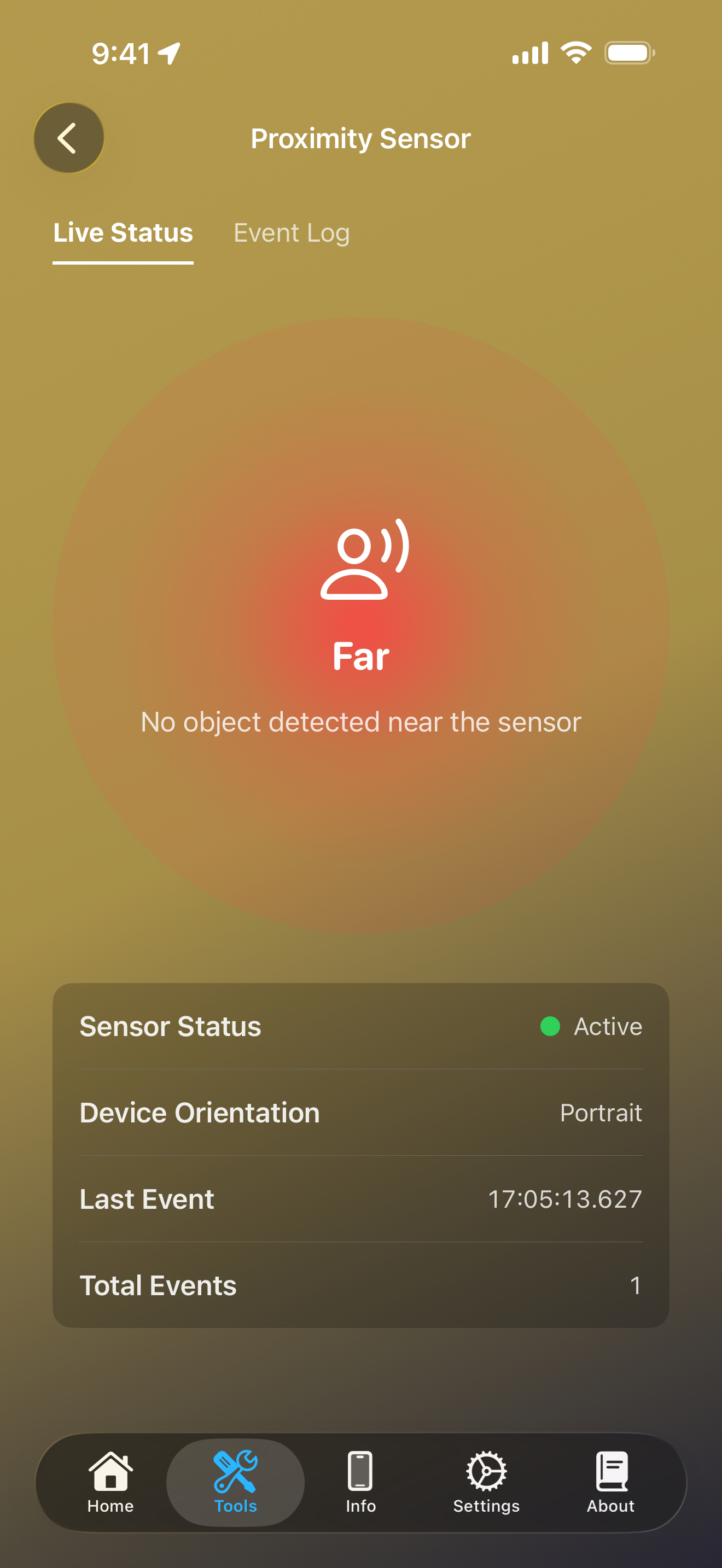 Tools / proximity sensor: proximity sensor screen