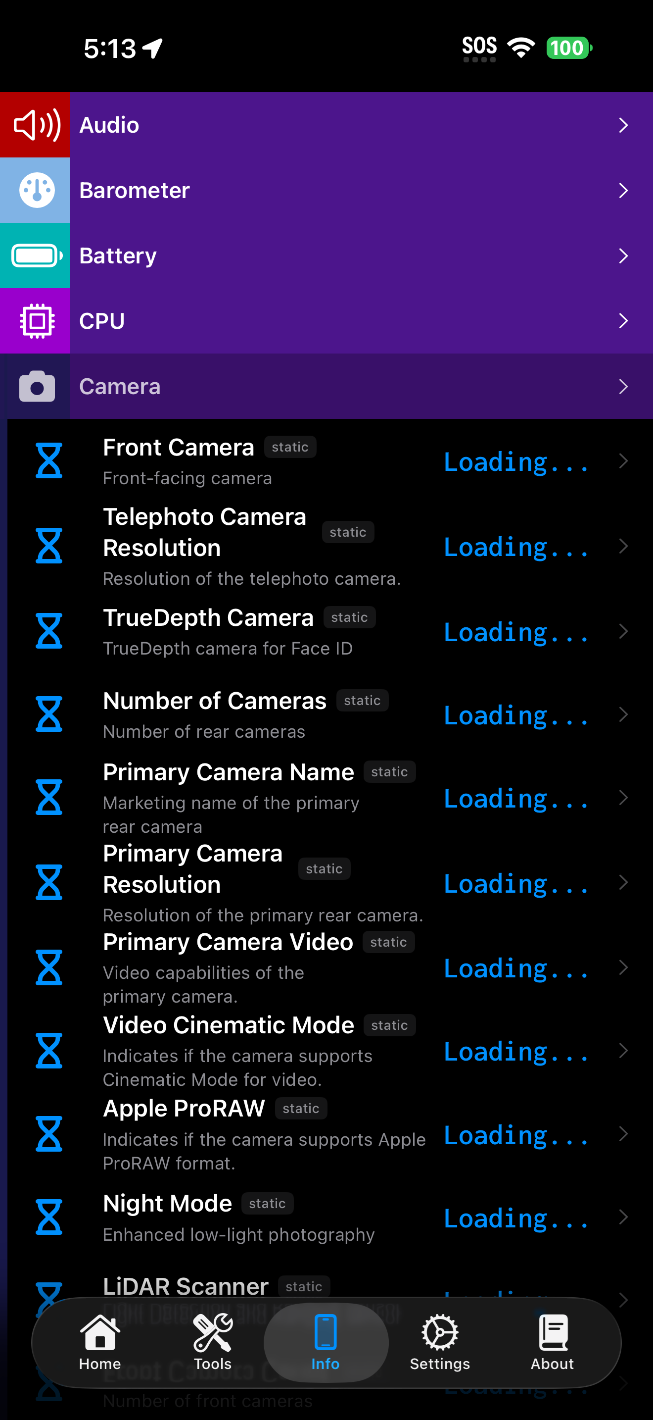 Device Info Camera category showing loading values