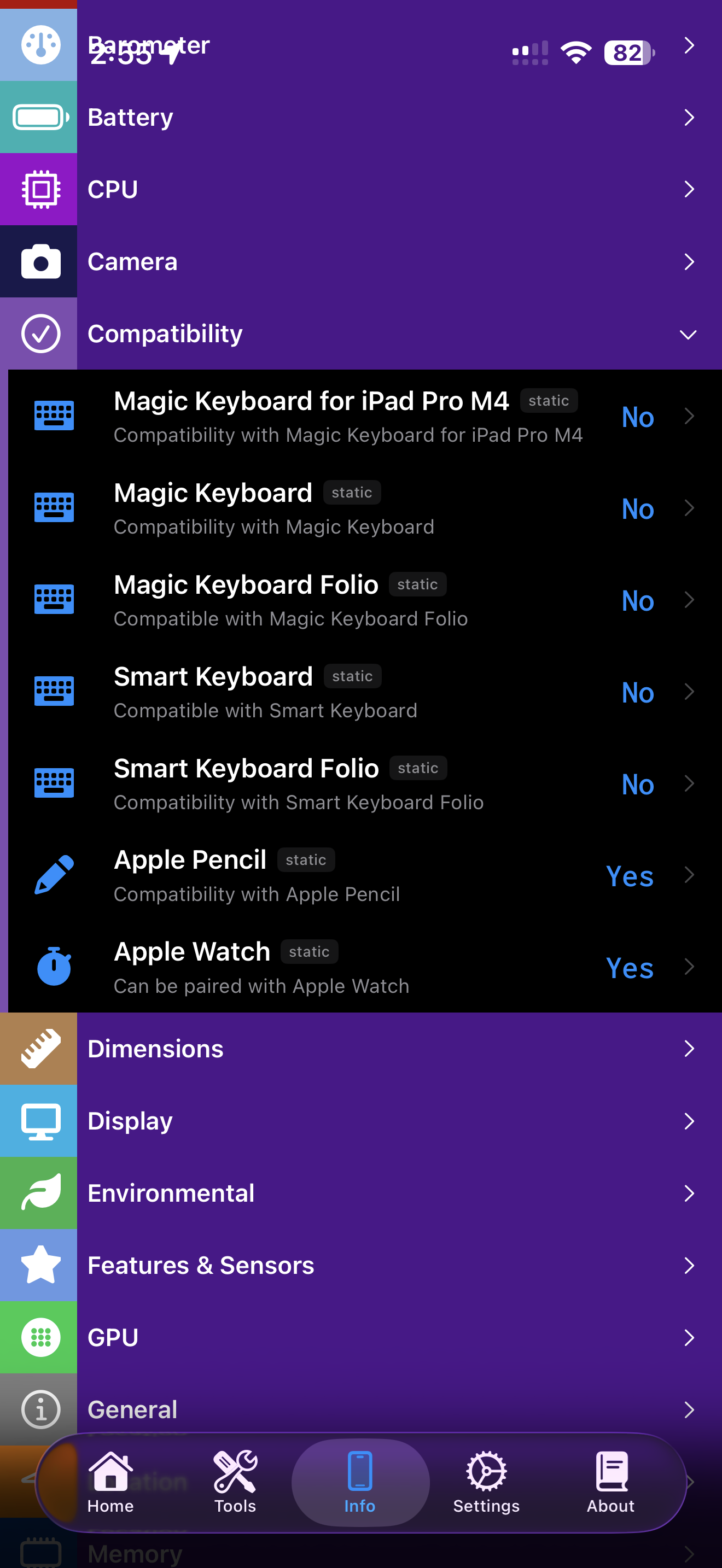 Device Info Camera category showing detailed yes/no features
