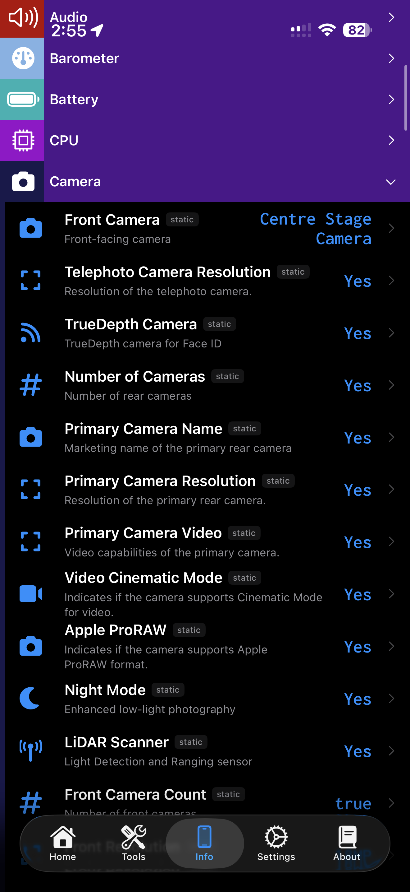 Device Info Compatibility category showing accessory compatibility fields like keyboards, Apple Pencil, and Apple Watch