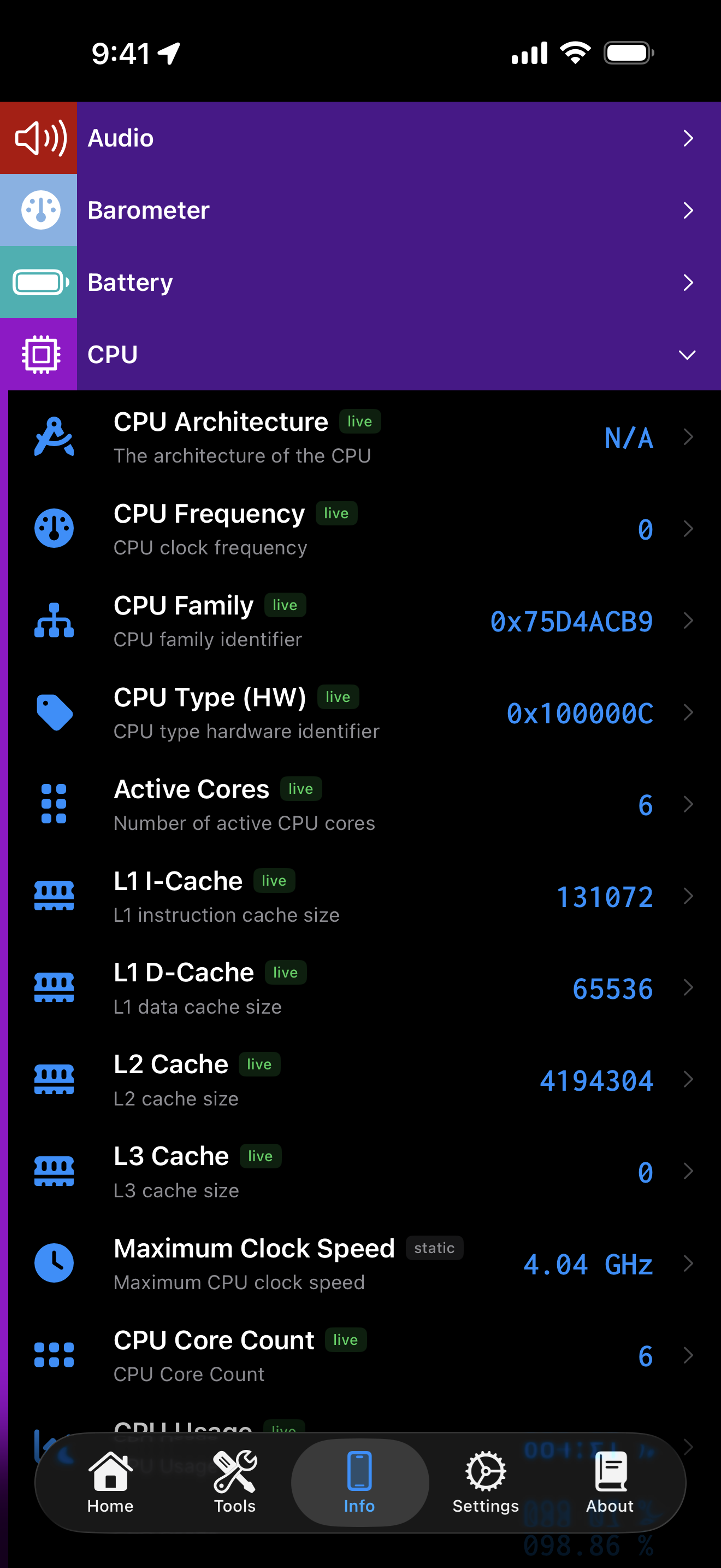 Device Info CPU category showing live CPU architecture, frequency, cache fields, and core counts