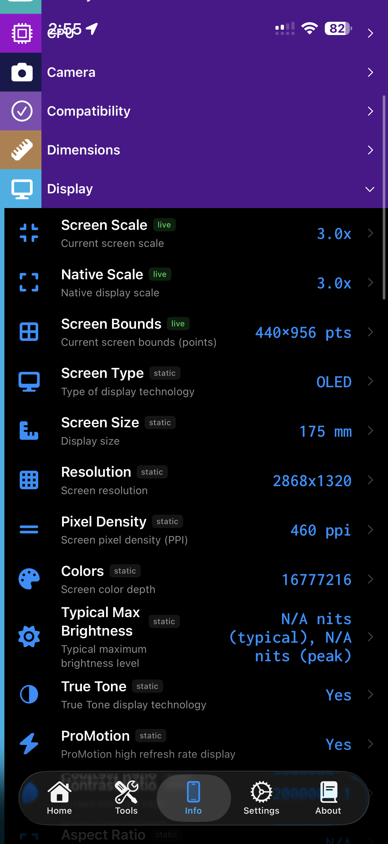 Device Info Display category showing screen scale, bounds, display type, resolution, and feature support fields
