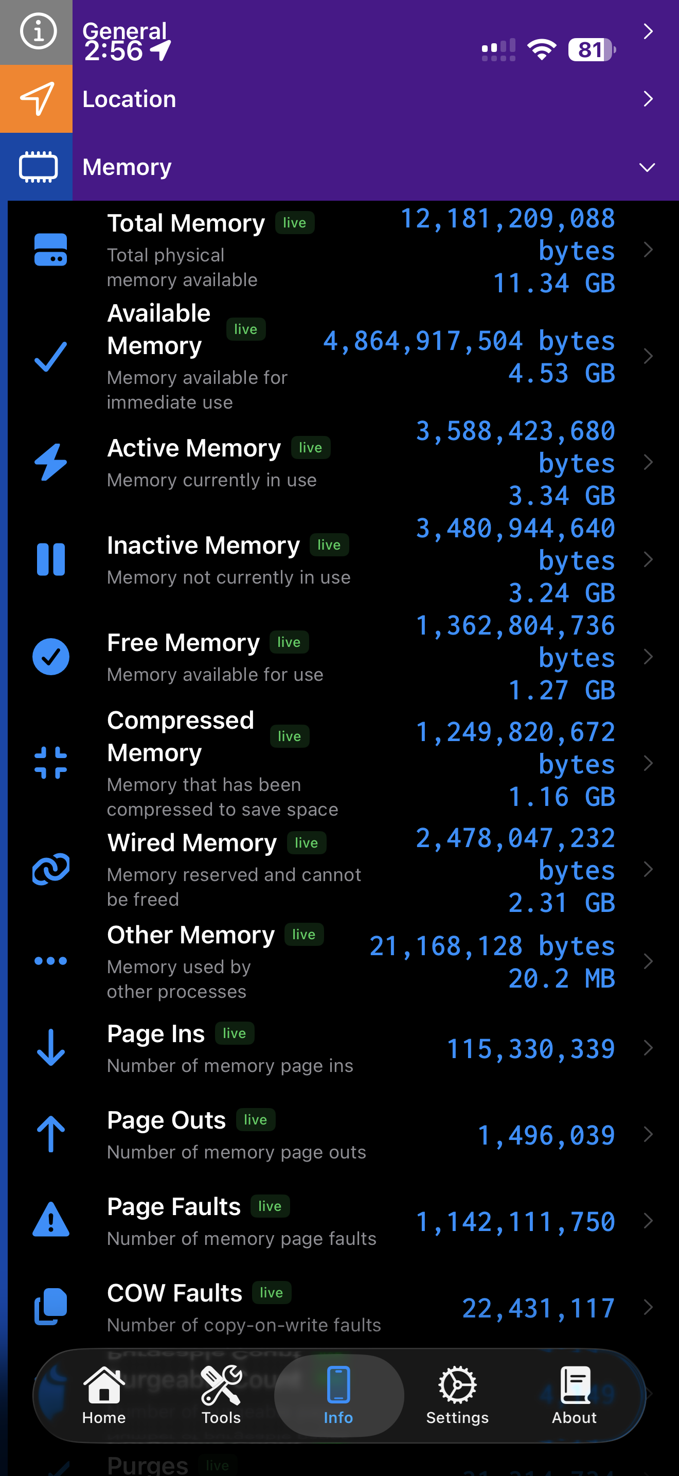 Device Info Memory category showing live memory usage breakdown and VM statistics