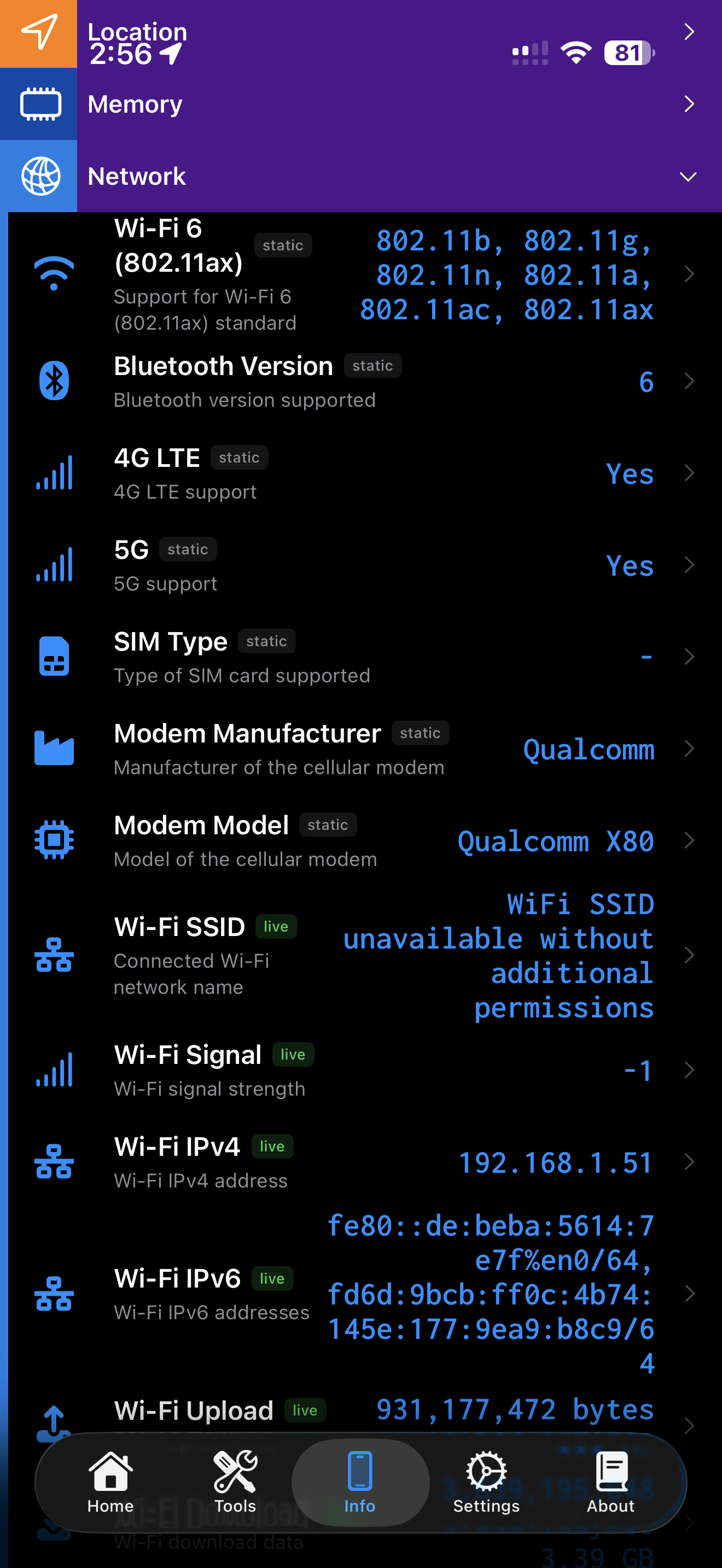 Device Info Network category showing connectivity specs and live connection fields like SSID and IP addresses