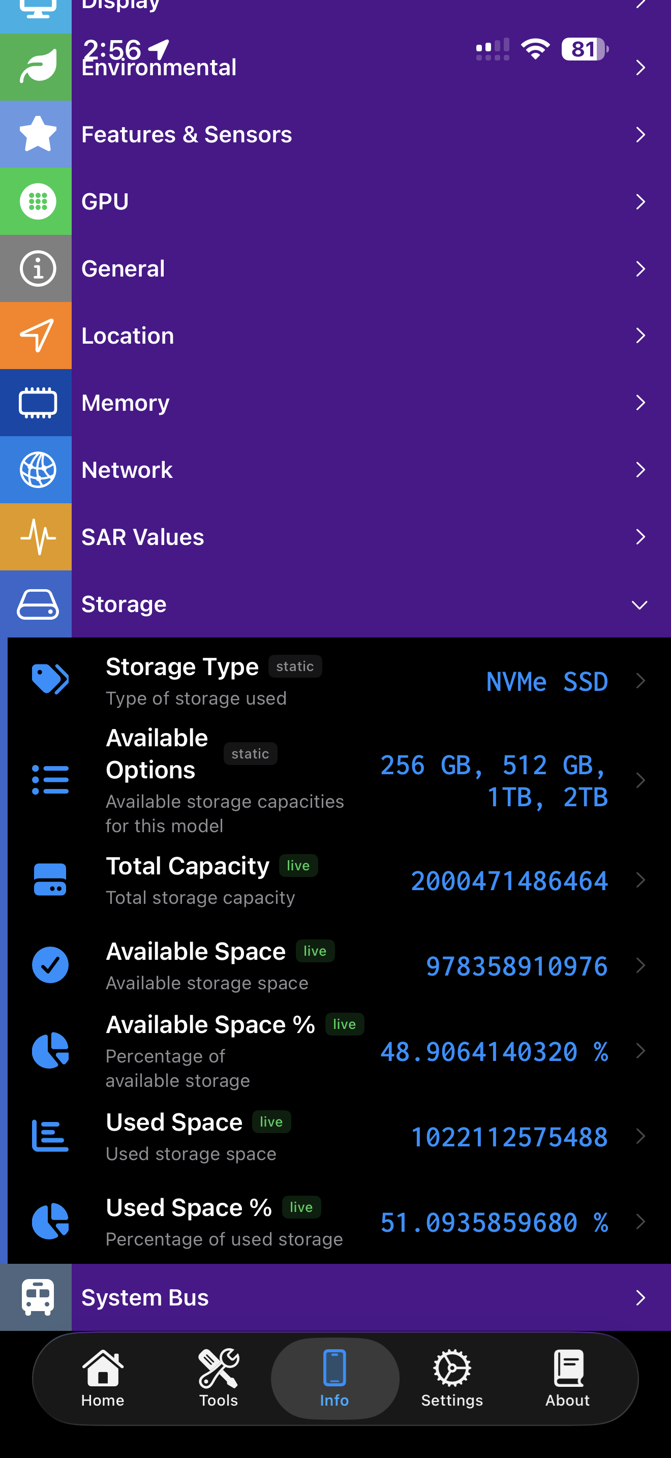 Device Info Storage category showing storage type and live capacity, available space, and used space fields