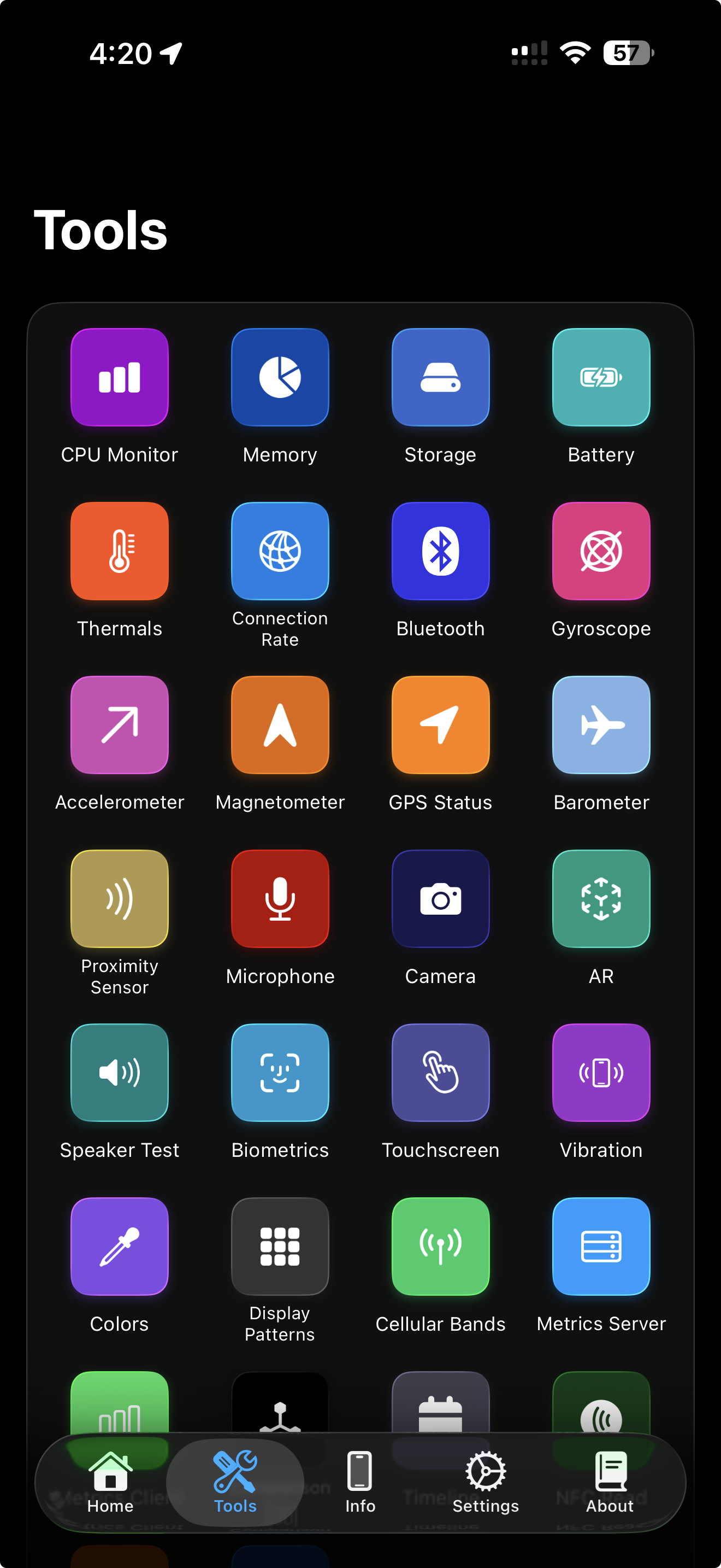 Tools screen showing the main tool grid