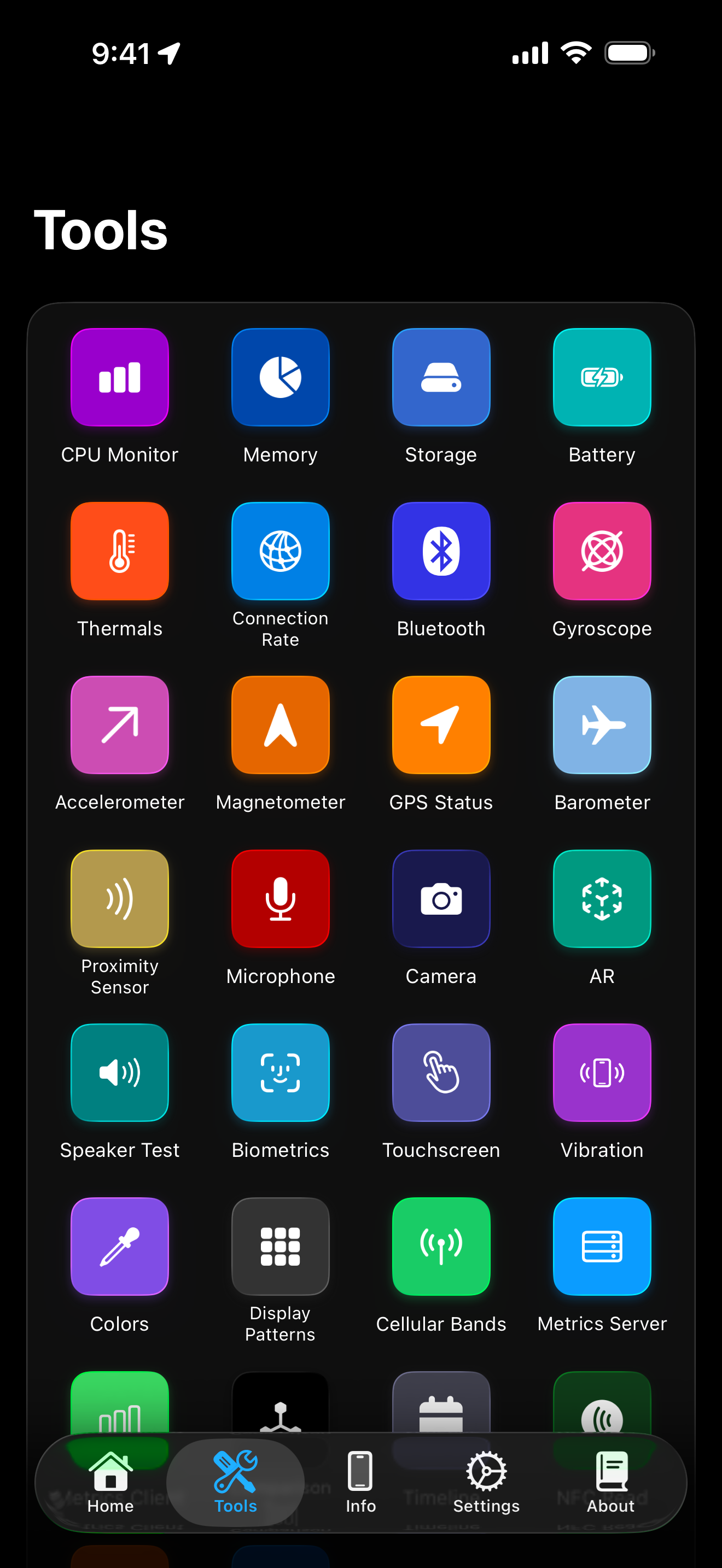 Tools screen showing a grid of tool icons