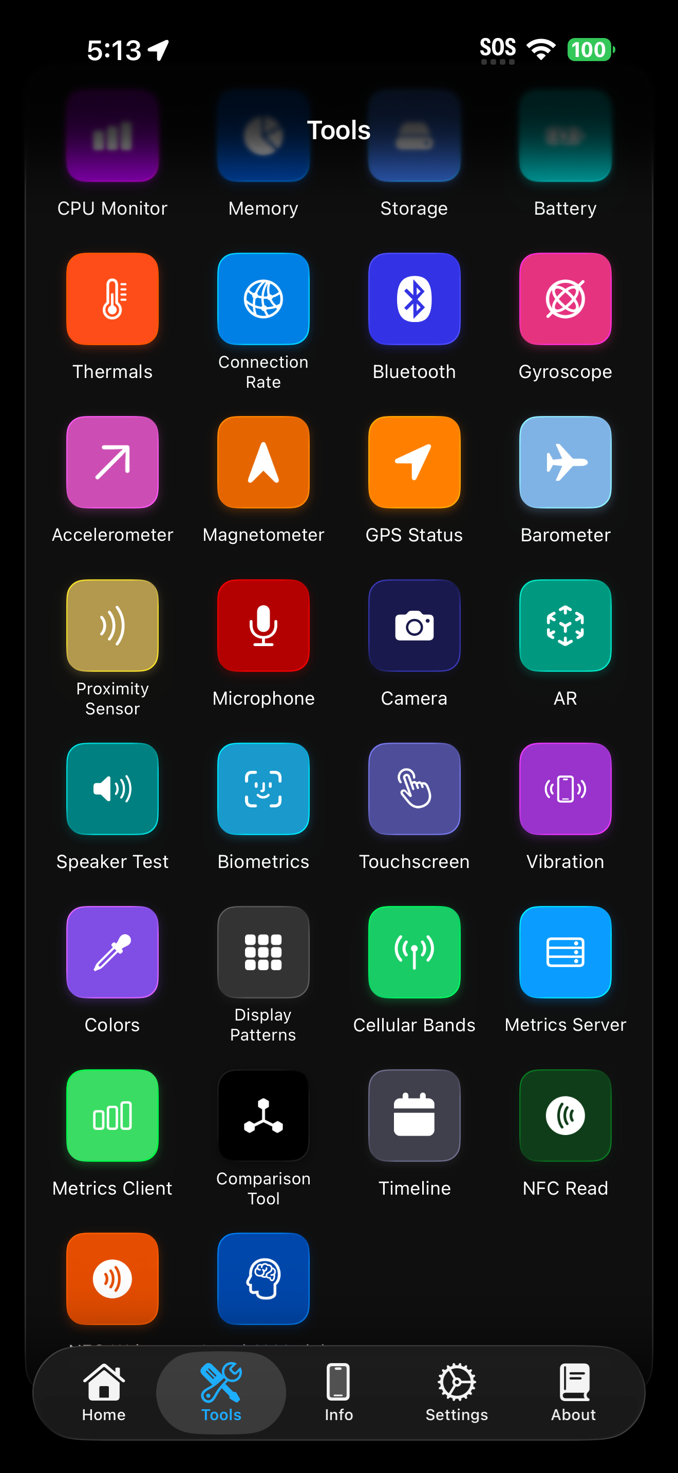 Tools screen scrolled showing additional tools