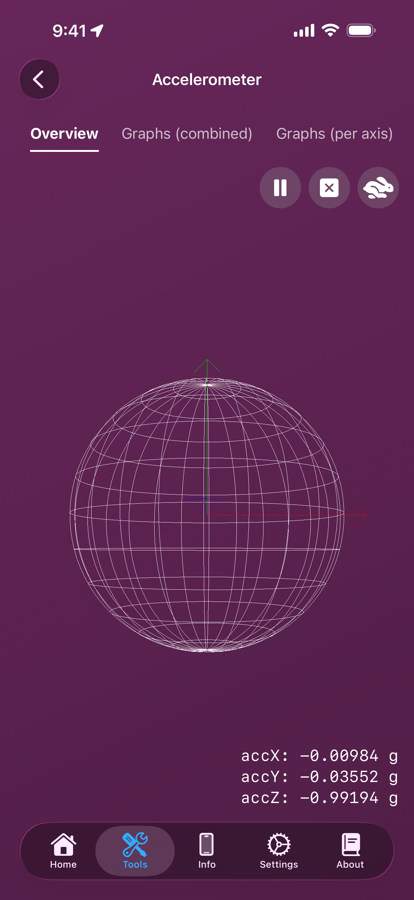 Accelerometer tool overview showing live accX/accY/accZ values