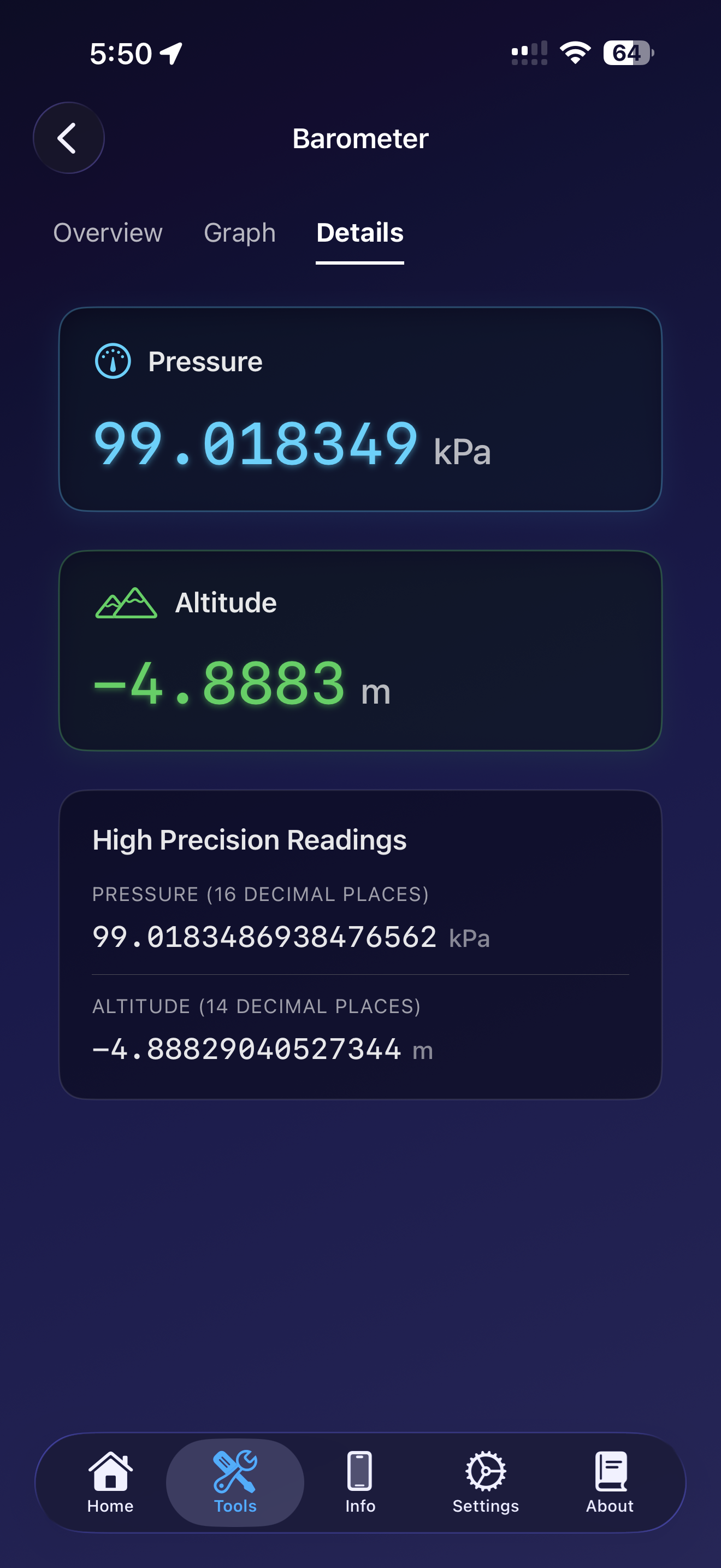 Barometer details tab showing pressure and altitude measurement cards
