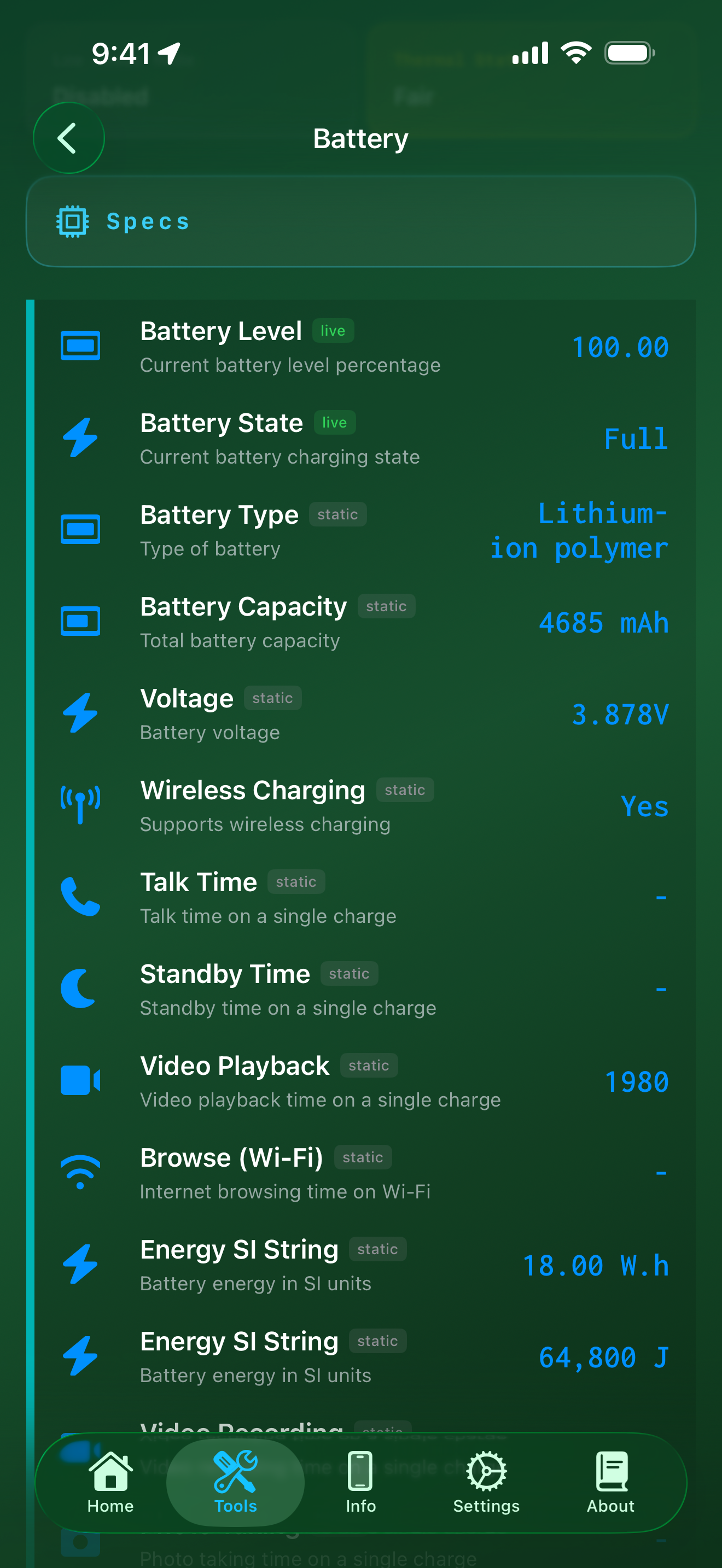 Battery tool scrolled showing the Specs list