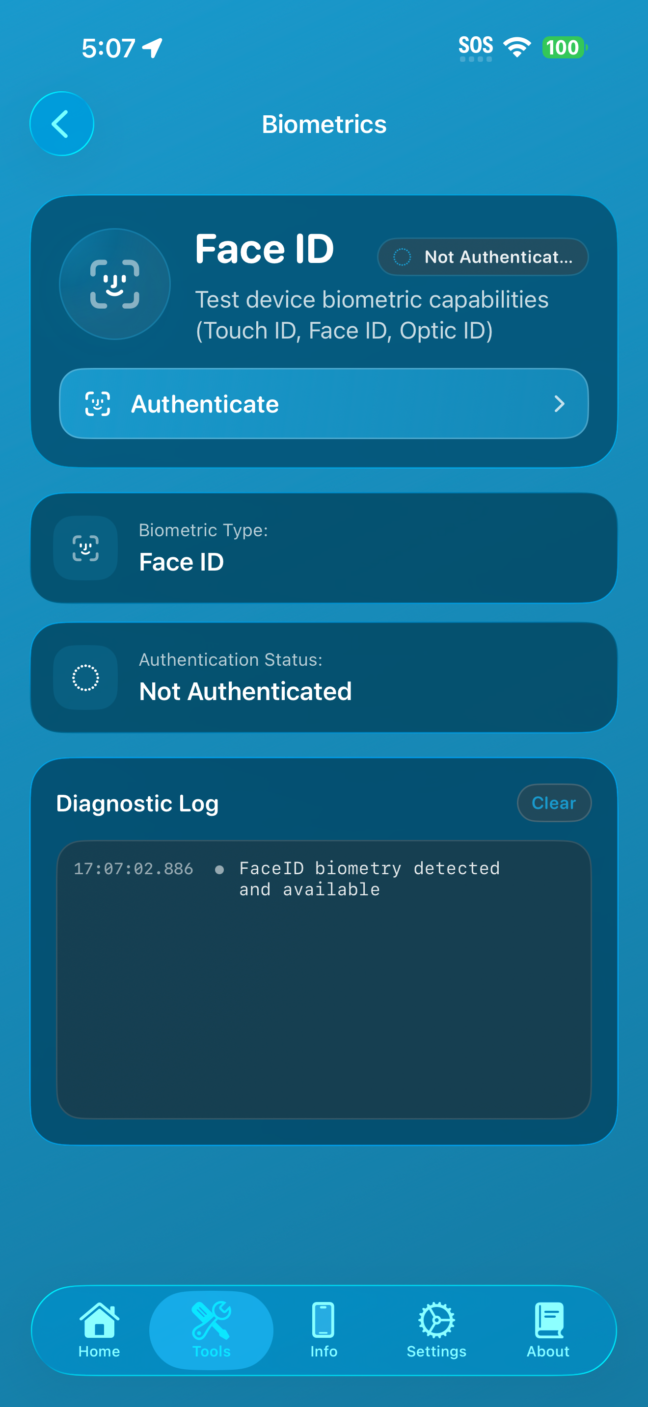 Biometrics tool showing a hero card, authenticate button, and diagnostic log