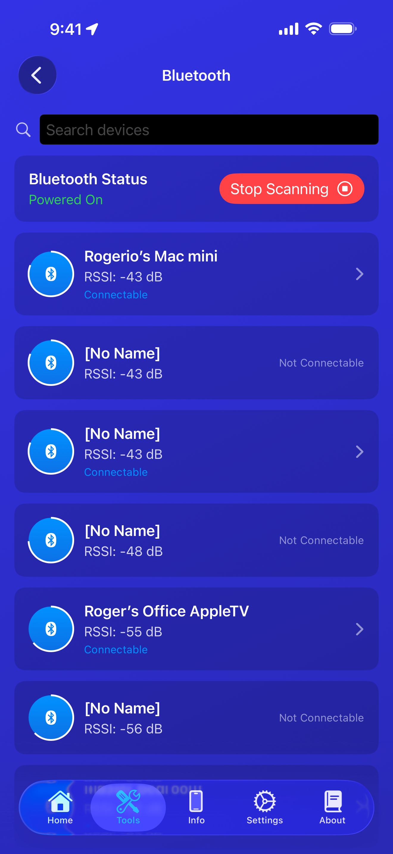 Bluetooth tool showing device list with RSSI values and a Stop Scanning button