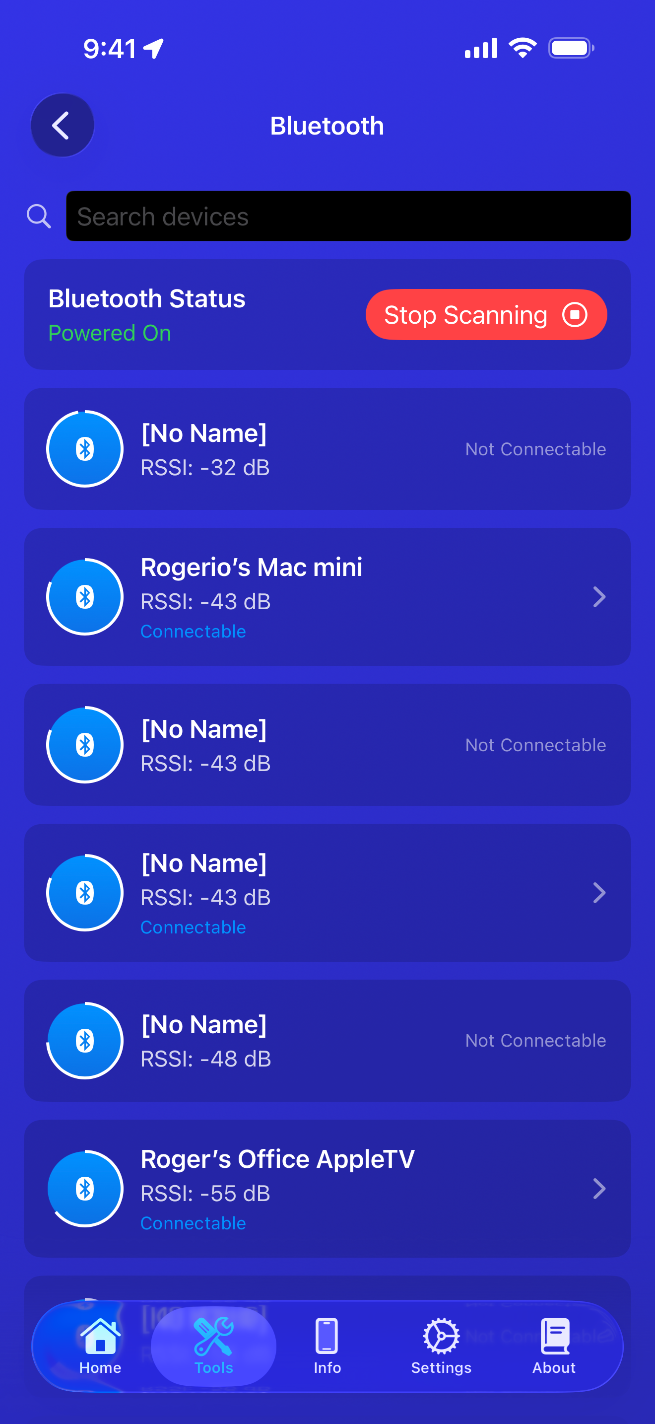 Bluetooth tool showing nearby devices, signal strengths, and connectable status
