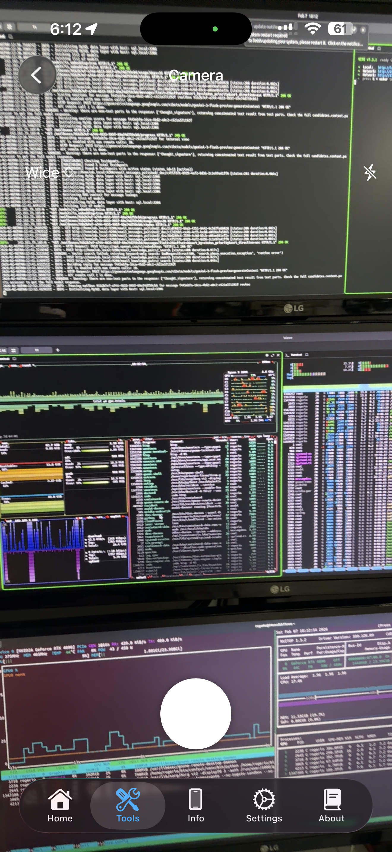 Camera tool showing a full-screen live camera feed with camera picker and flash toggle