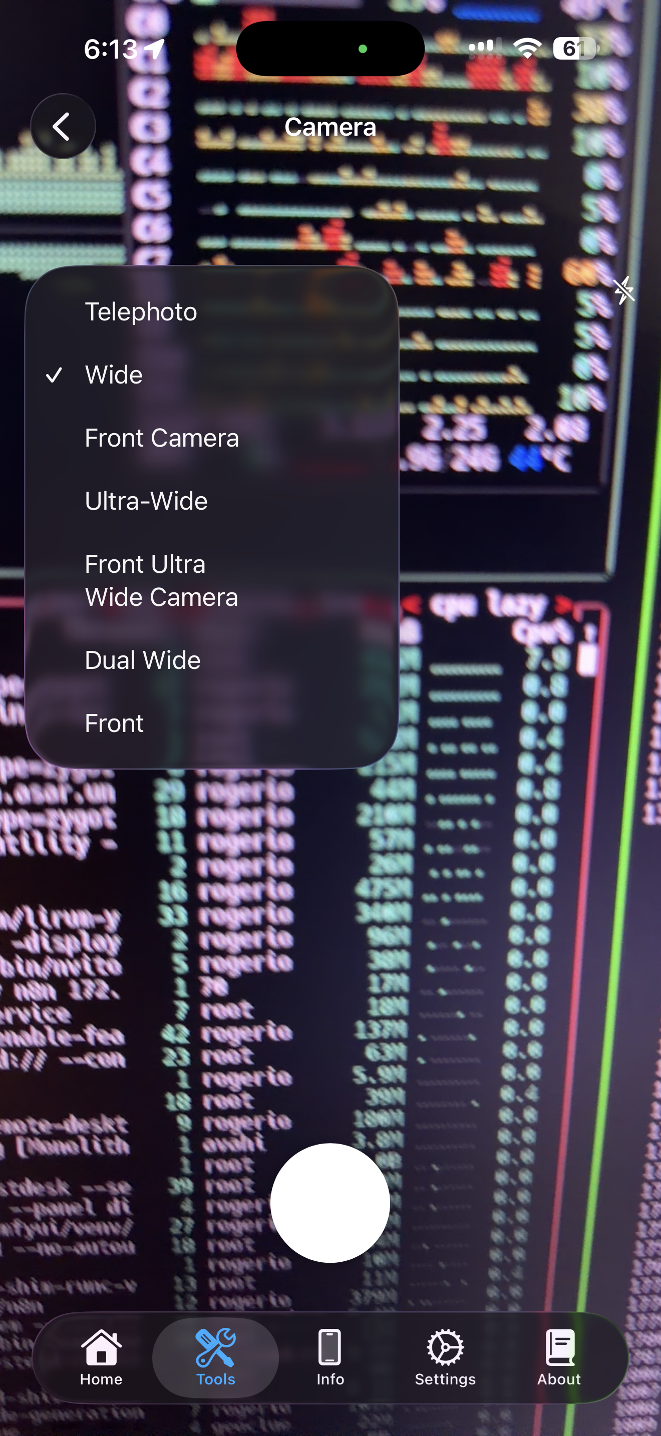Camera picker dropdown showing all available cameras