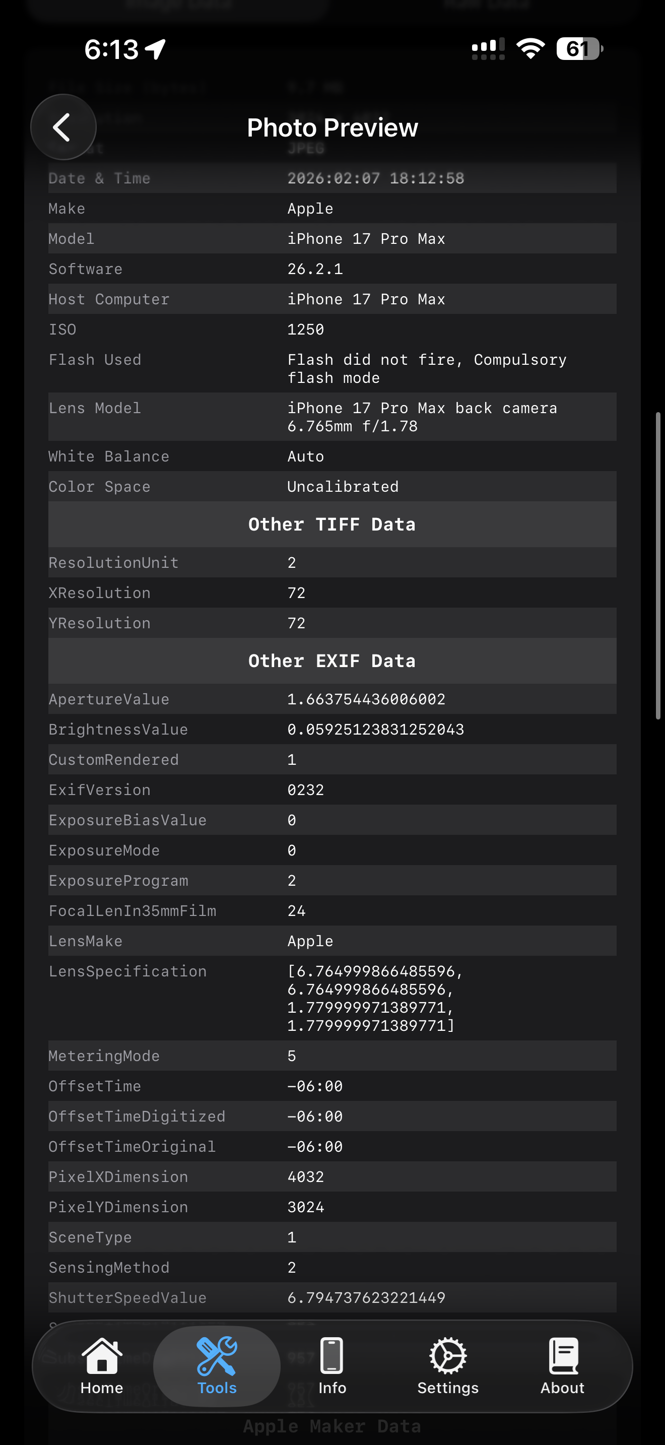 Photo Preview scrolled to show detailed EXIF metadata fields