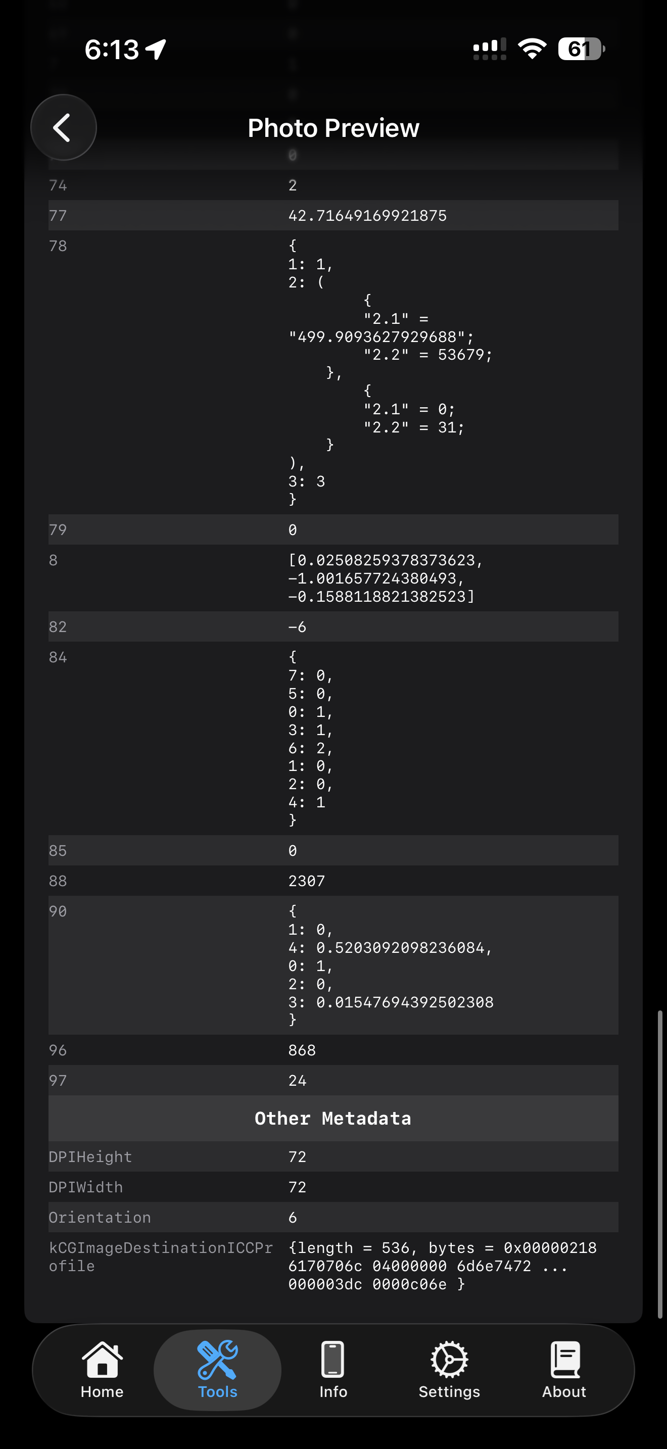 Photo Preview showing Other TIFF Data, Other EXIF Data, and Apple Maker Data sections