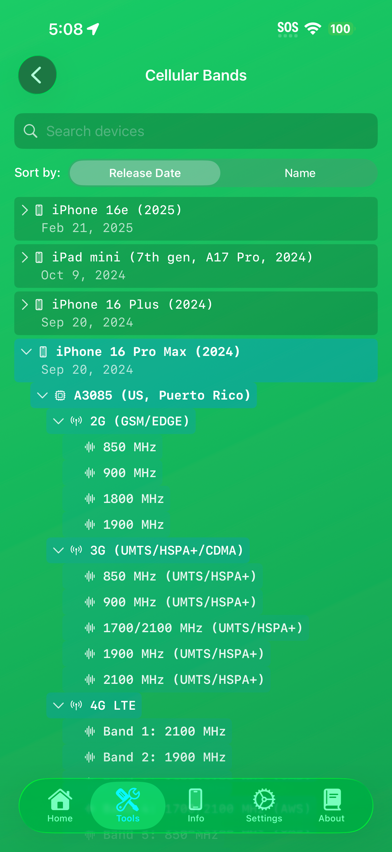 Cellular Bands tool showing search, sort, and an expandable list of device models