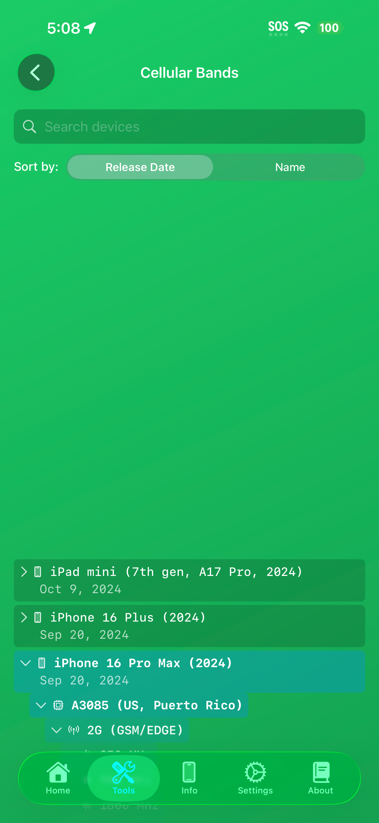 Cellular Bands tool showing expanded device, model, and band sections