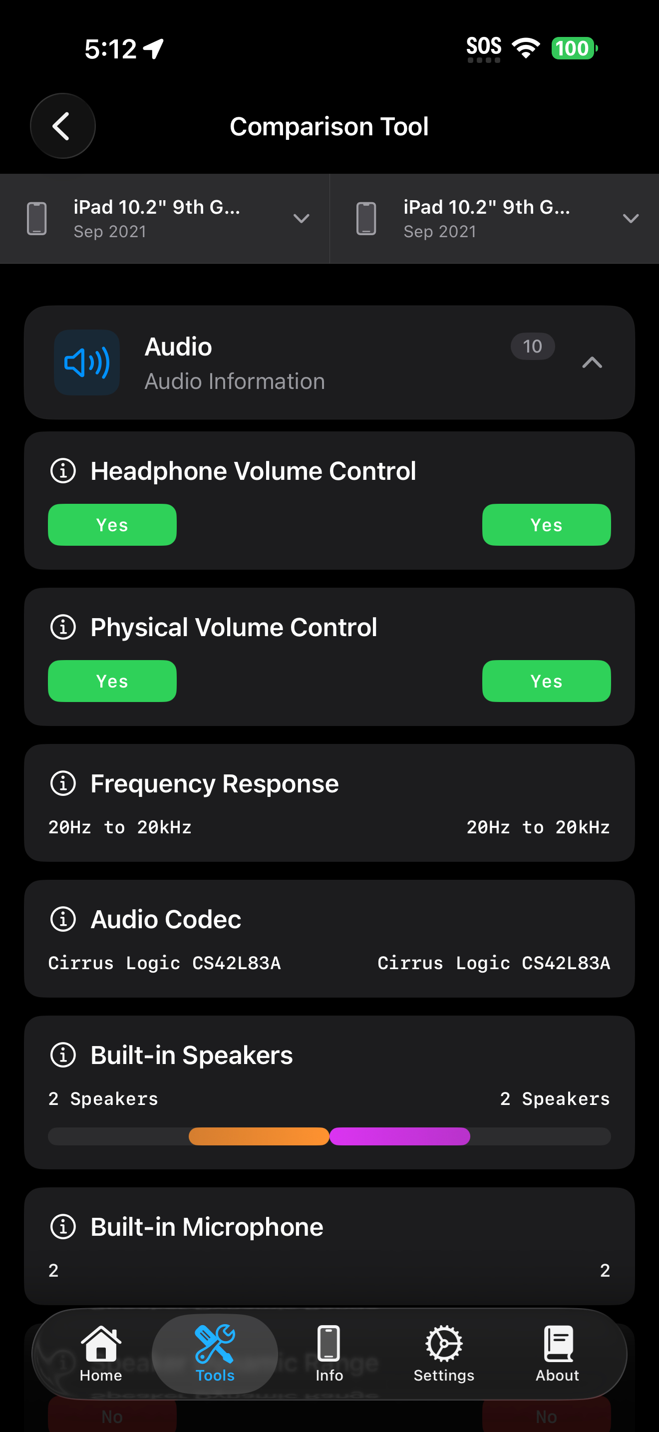 Tools / comparison: comparison tool after left device selected
