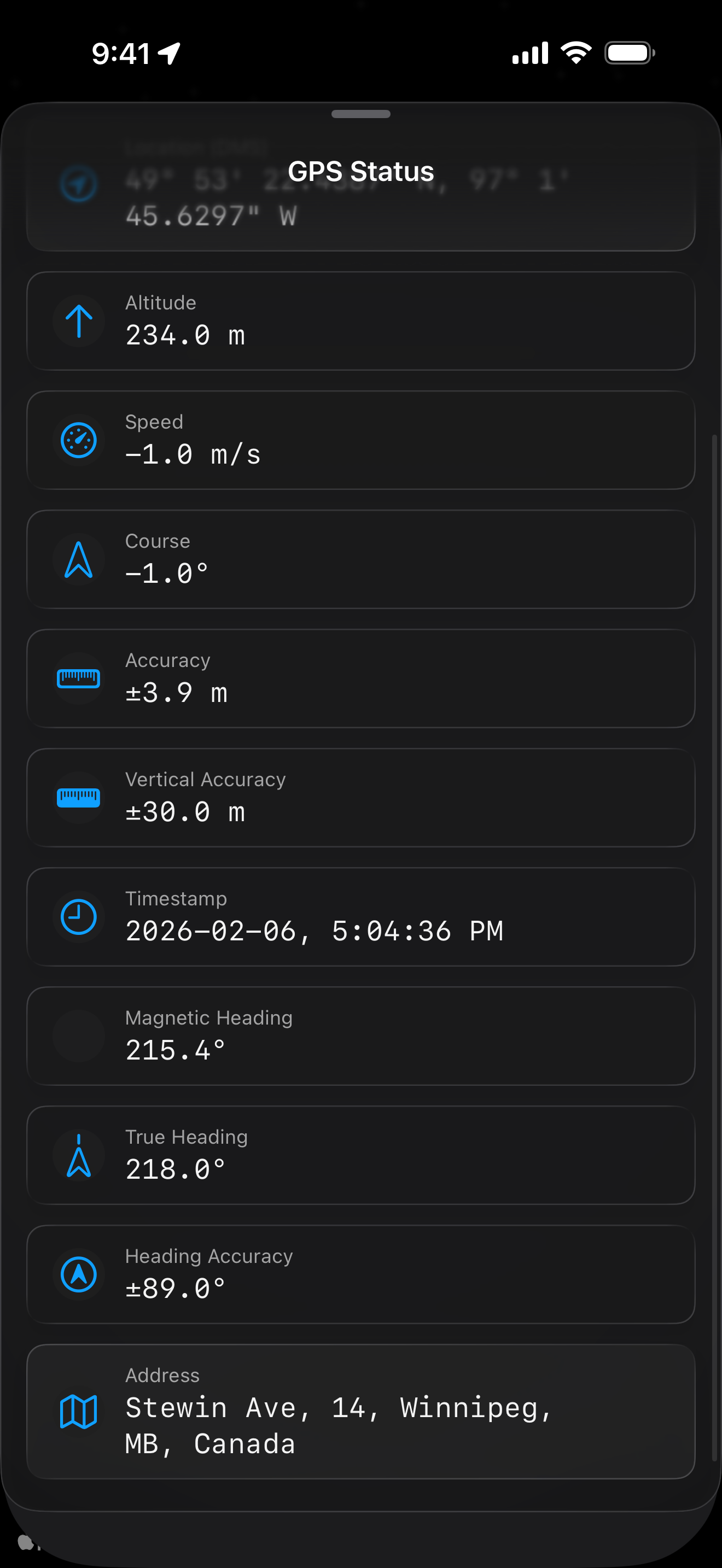 GPS Status data sheet showing multiple location fields