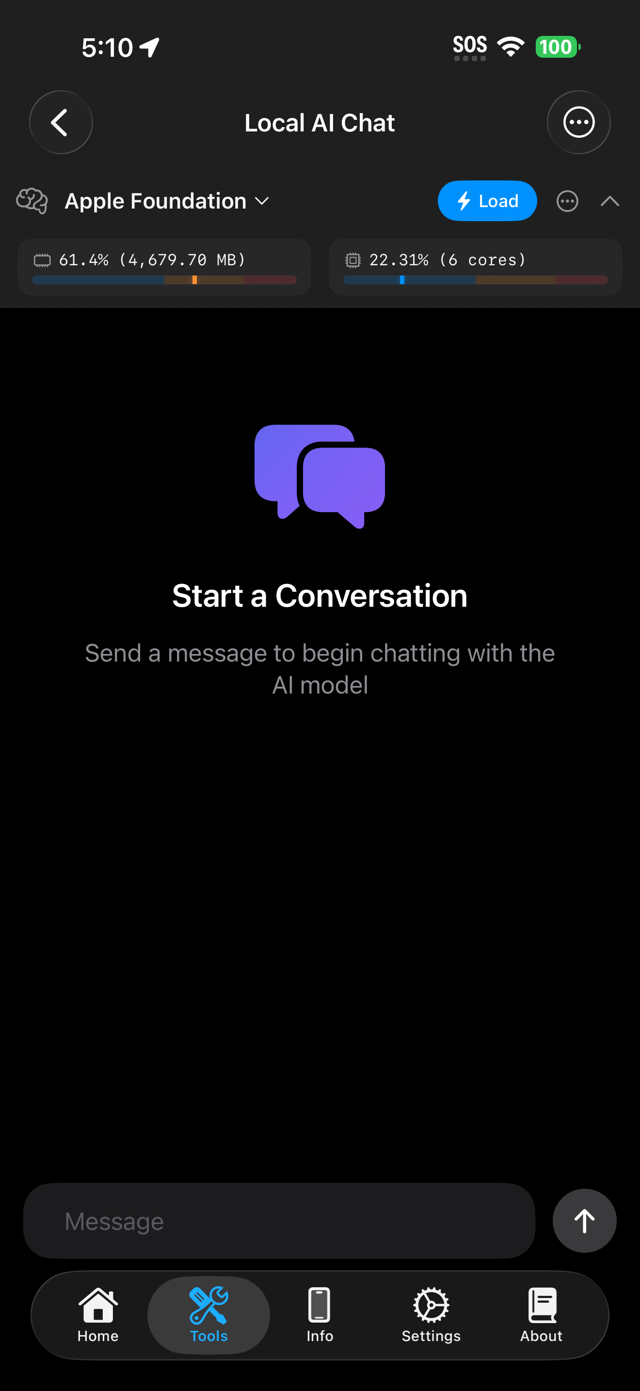 Local AI tool showing chat view with a control bar at the top
