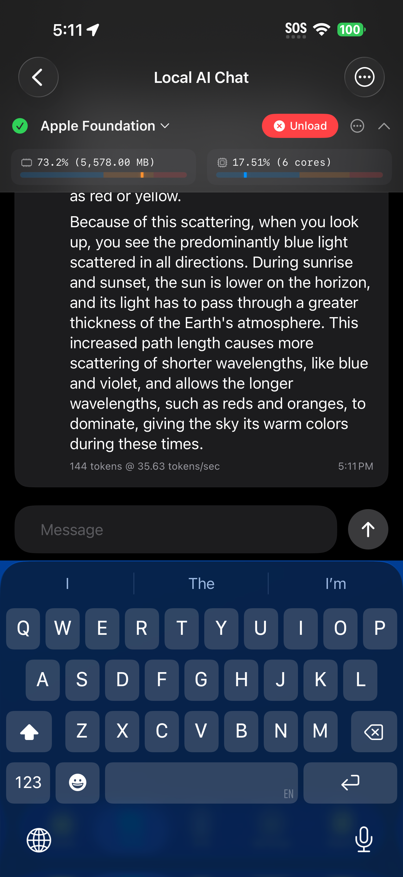 Response received in Local AI chat