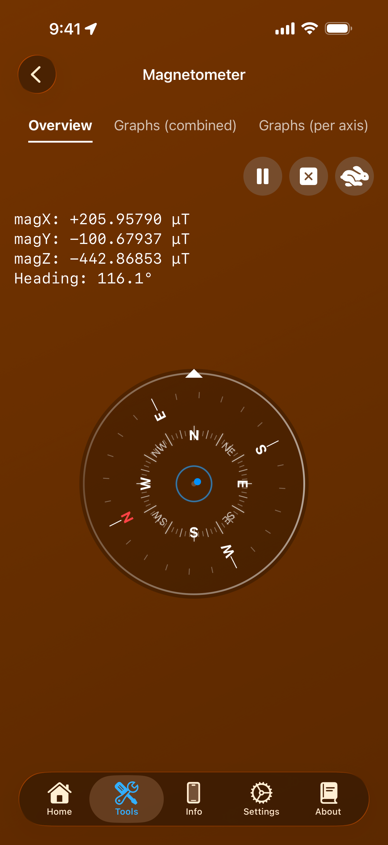 Magnetometer overview showing a compass visualization and live magX/magY/magZ values