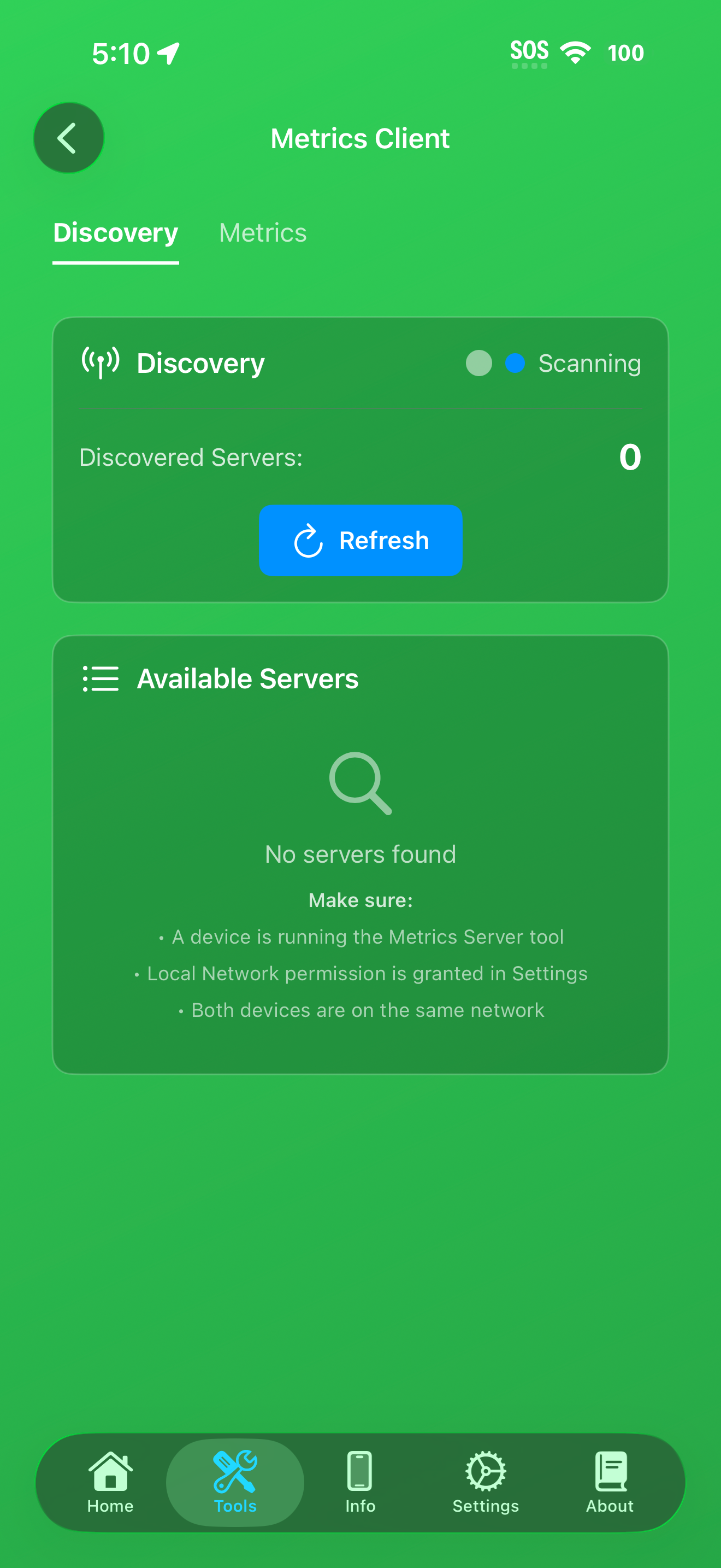 Metrics Client showing Discovery and Metrics tabs