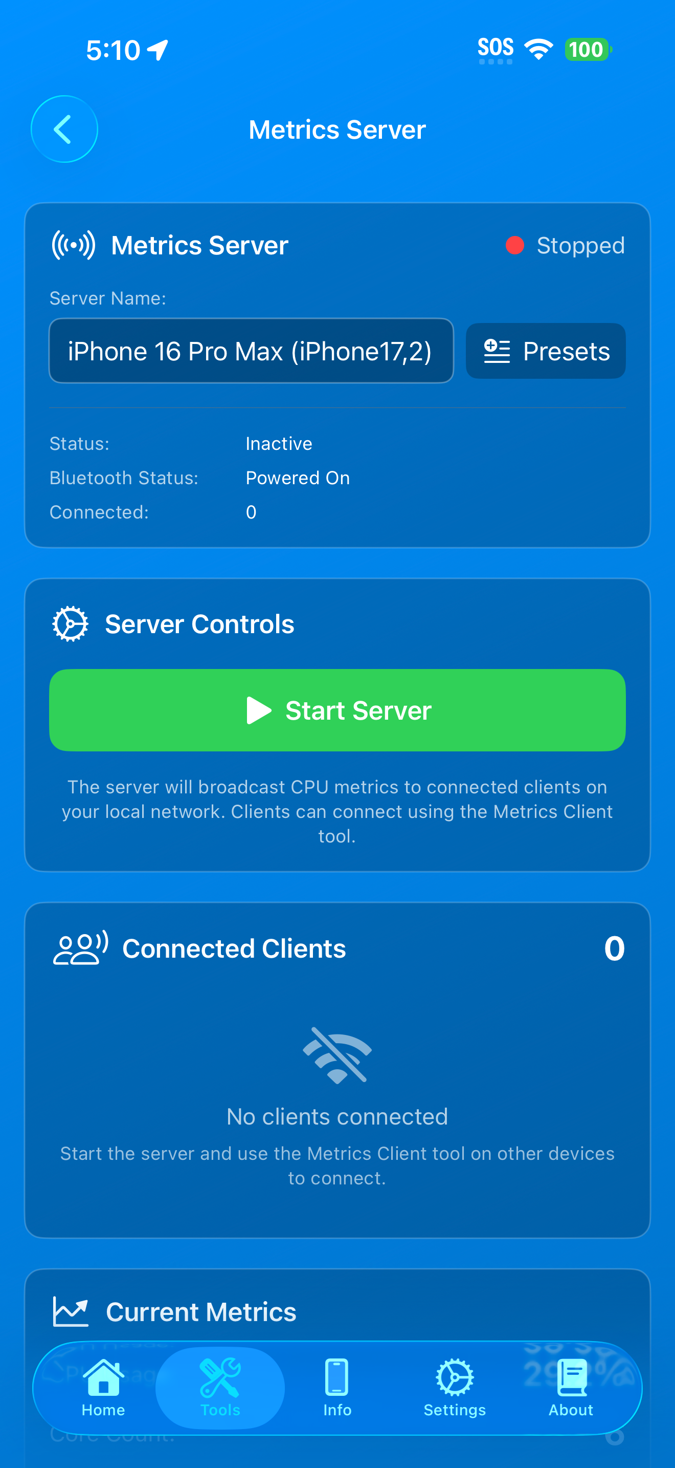 Metrics Server showing status, controls, connected clients, and current metrics