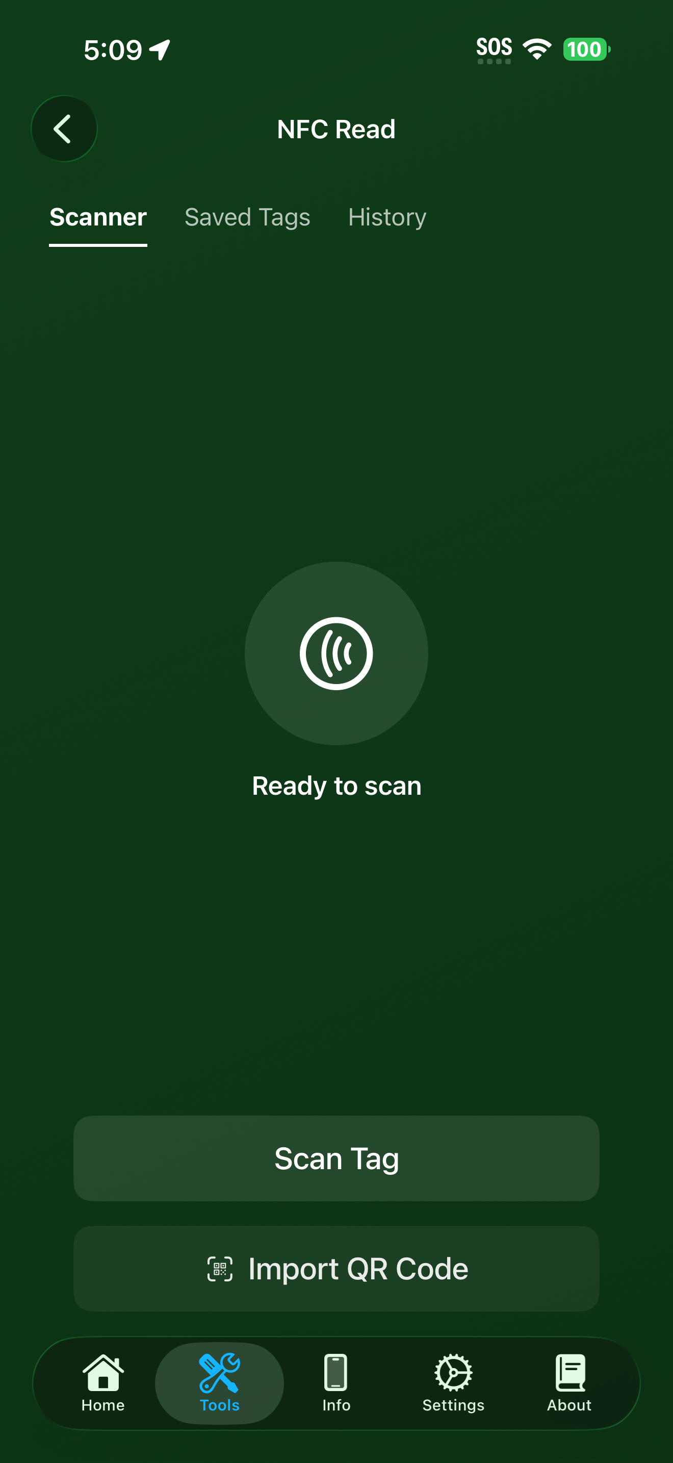 NFC Read tool showing Scanner, Saved Tags, and History tabs