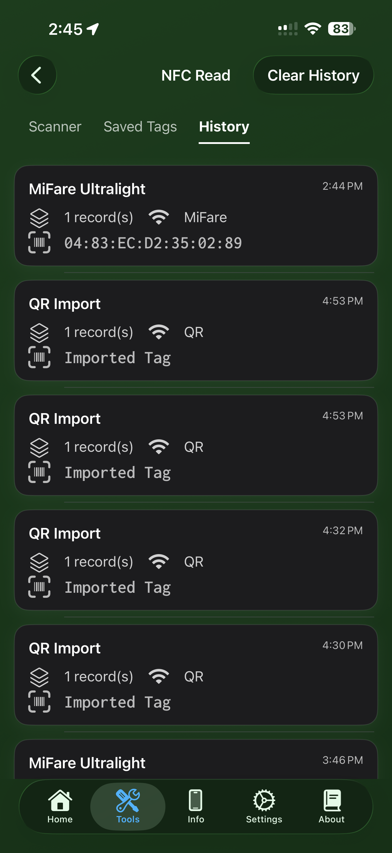 NFC Read scanner view showing Ready to scan and Scan Tag button