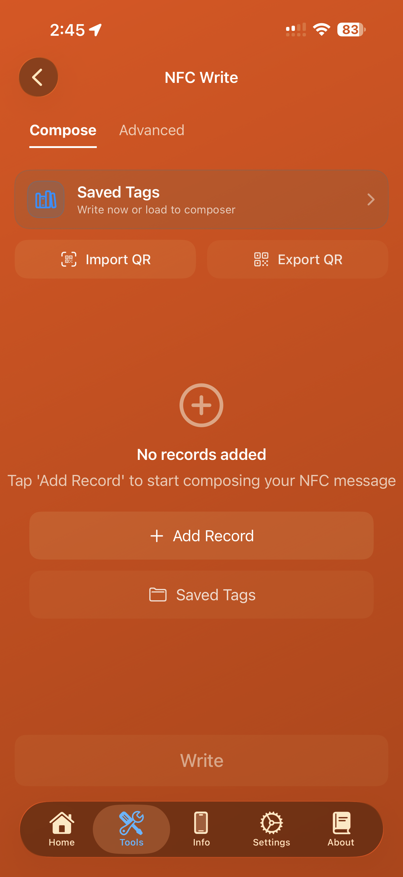 NFC Write tool showing Compose and Advanced tabs