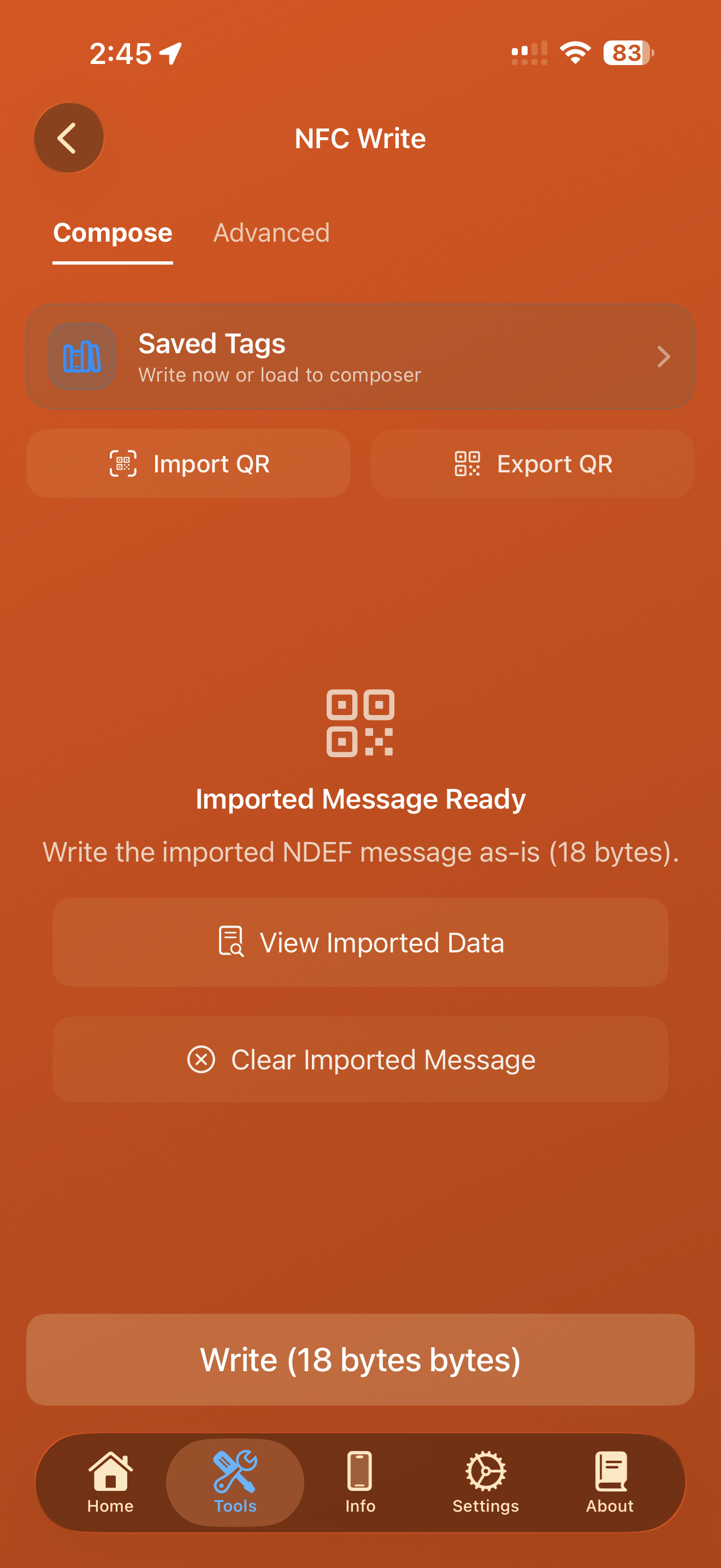 NFC Write compose view showing Saved Tags, import/export QR, and add record
