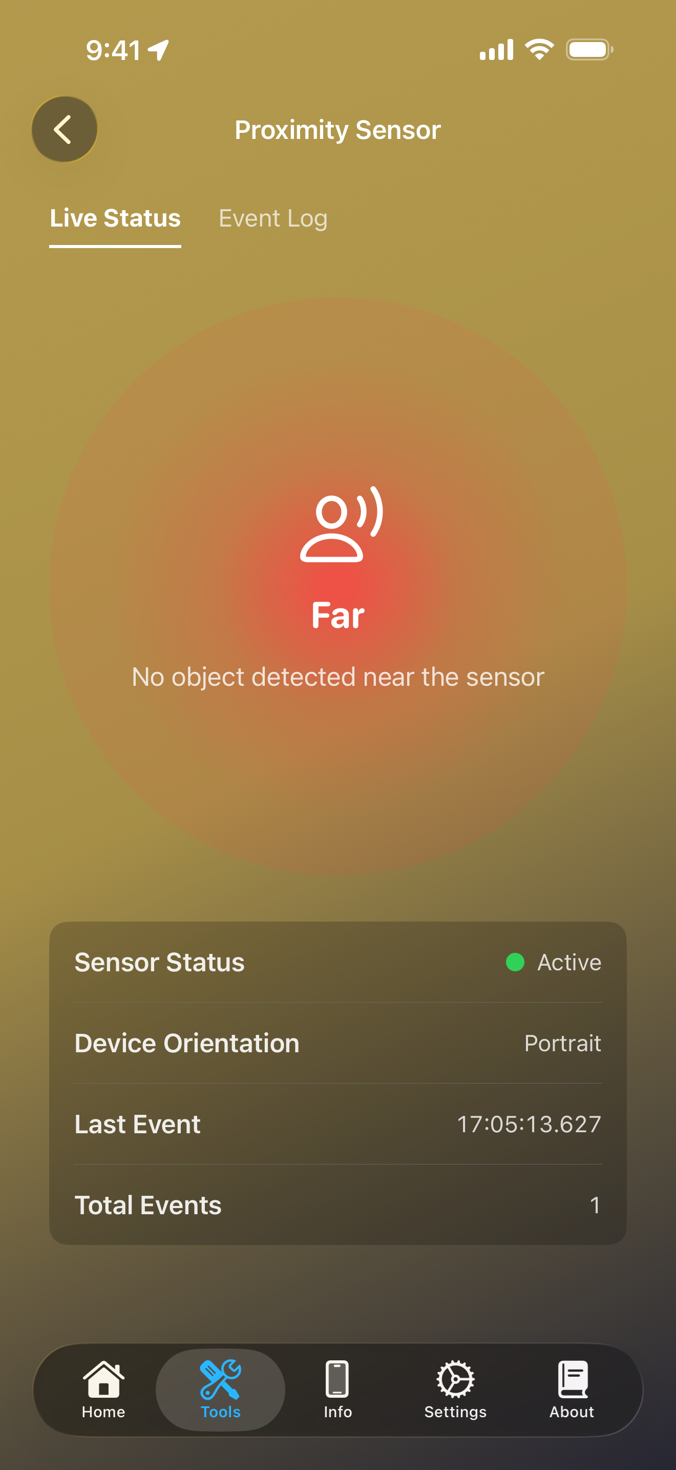 Proximity Sensor tool showing Near/Far state and status panel
