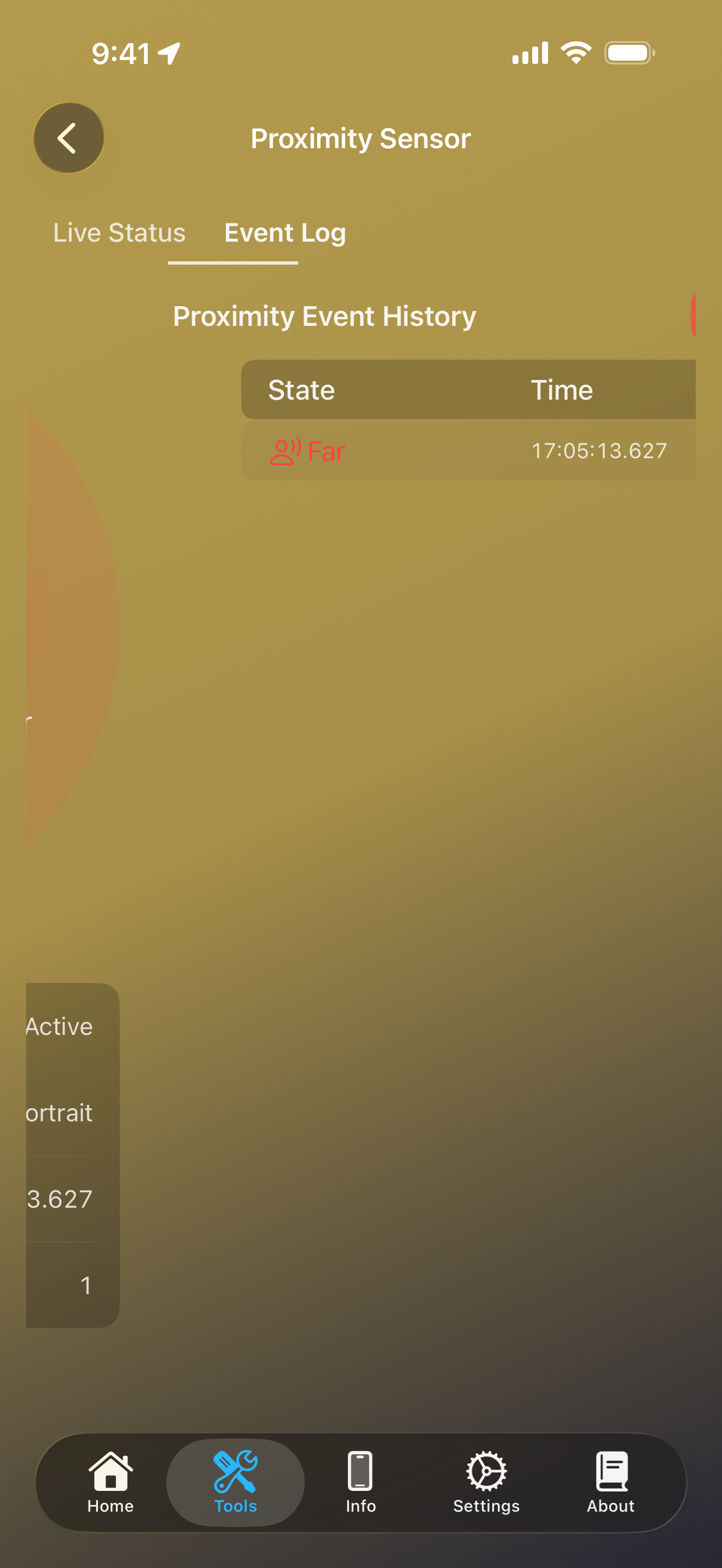Proximity Sensor event log showing a list of Near/Far events with timestamps
