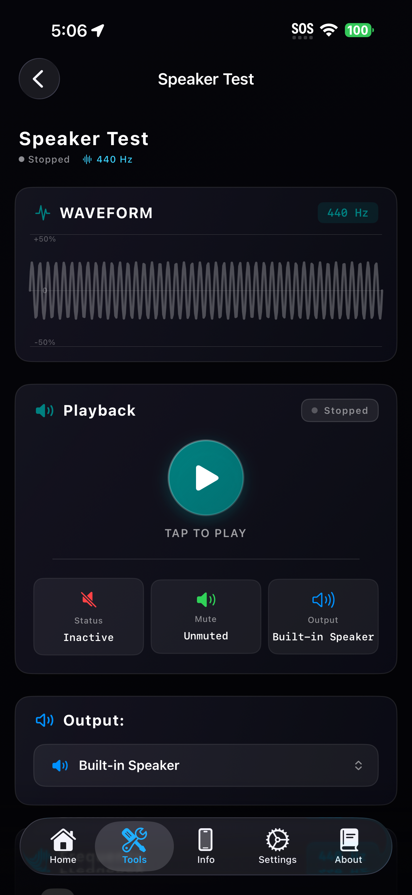 Speaker Test playback panel with a large play button