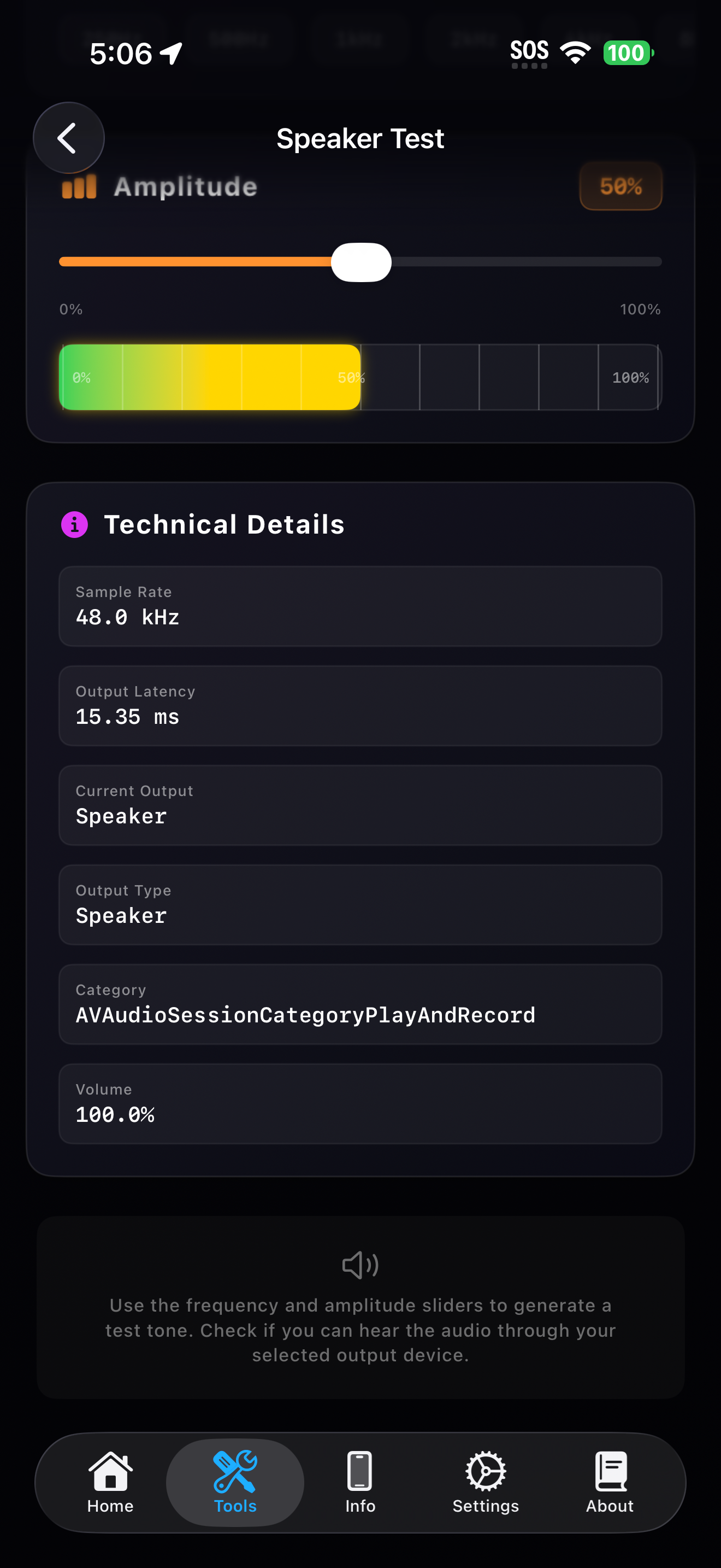 Speaker Test technical details and instructions at the bottom