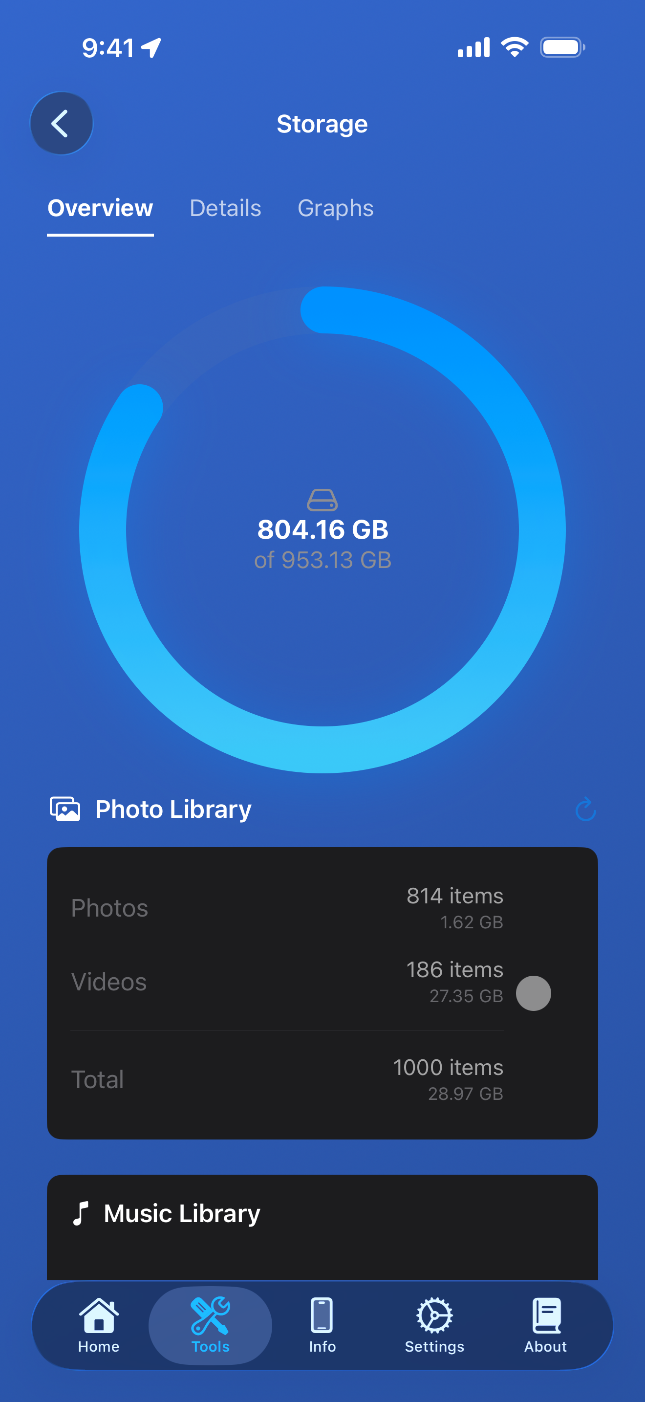 Storage tool overview showing a storage gauge and media library panels